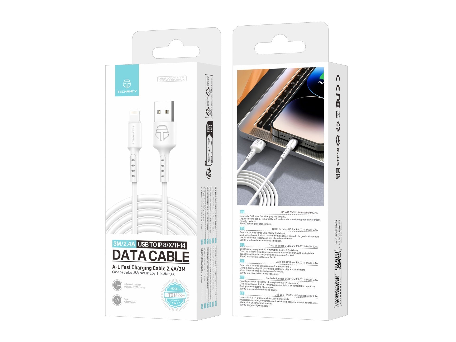 Techancy White Data Cable TB1628, USB to Lightning Fast Charging Cable, 3M/2.4A, Compatible with iPhone/iPad
