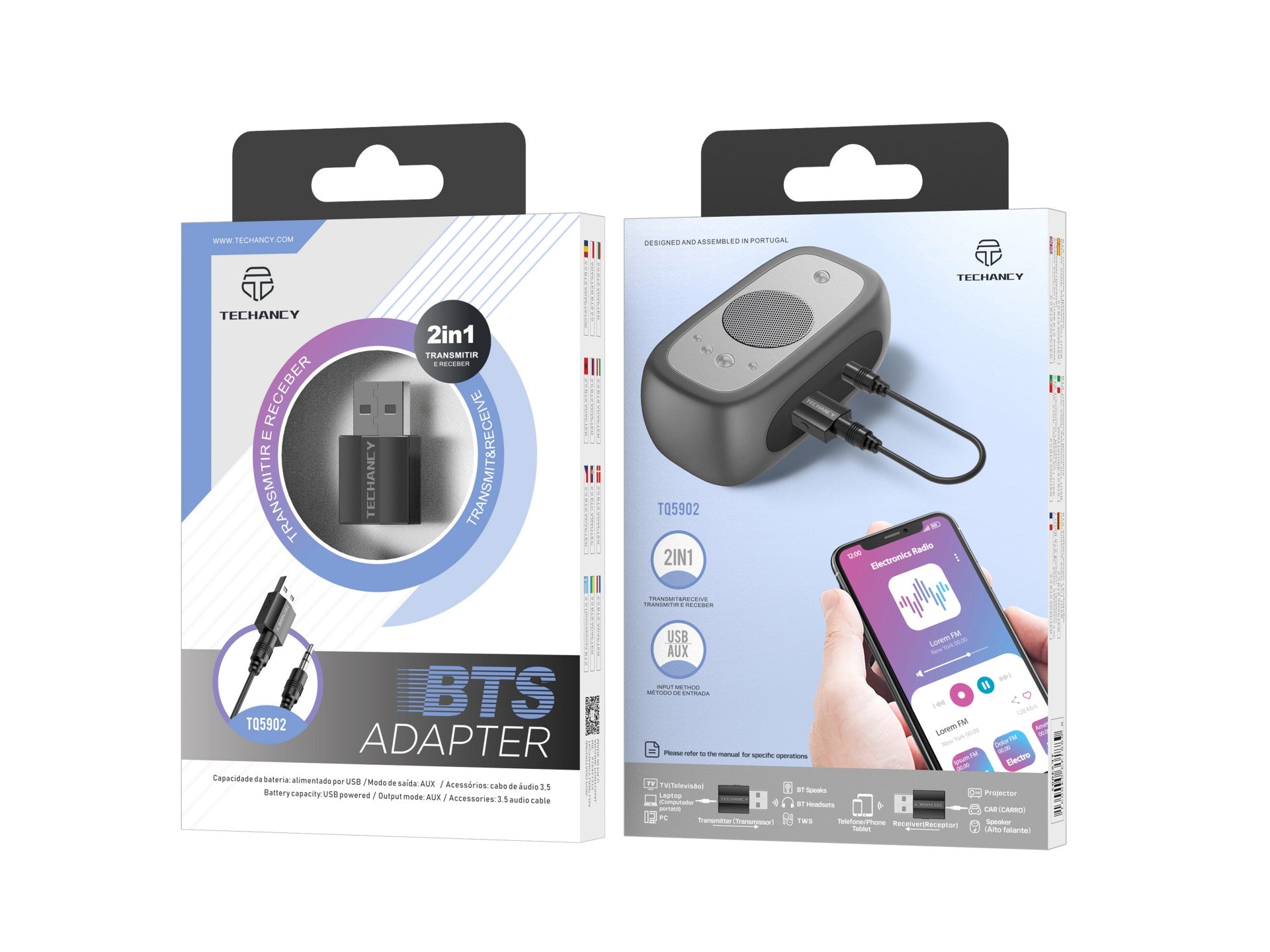 Adaptador Bluetooth sem fios 2 em 1 Techancy, TQ5902, suporta transmissão e receção de áudio Bluetooth, preto