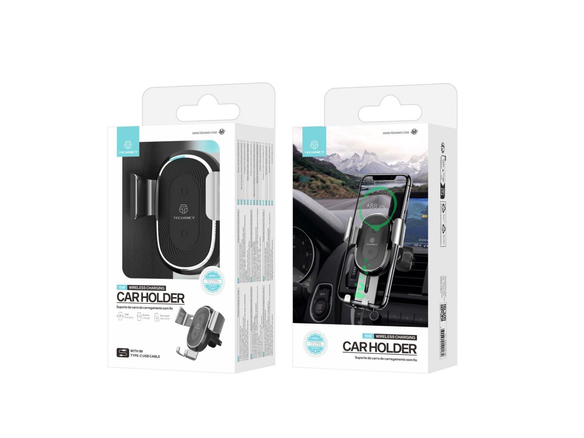 Techancy Suporte Para Telemóvel De Automóvel Com Carregamento Sem Fios TF2795, Carregamento De 15 W, Tecnologia Gravity Link