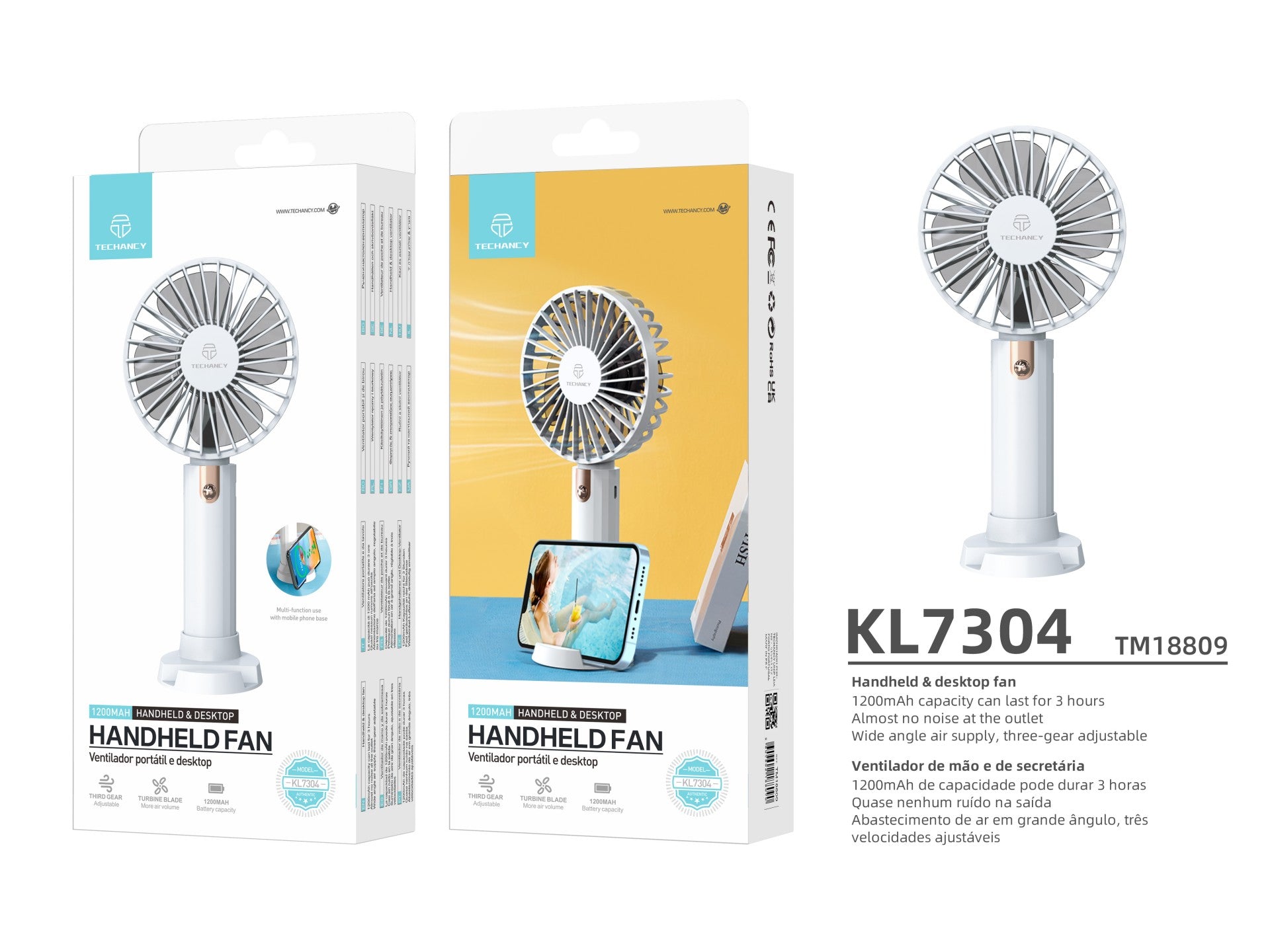 Ventilador portátil Techancy KL7304 blanco, ajustable a 3 velocidades, con soporte para escritorio