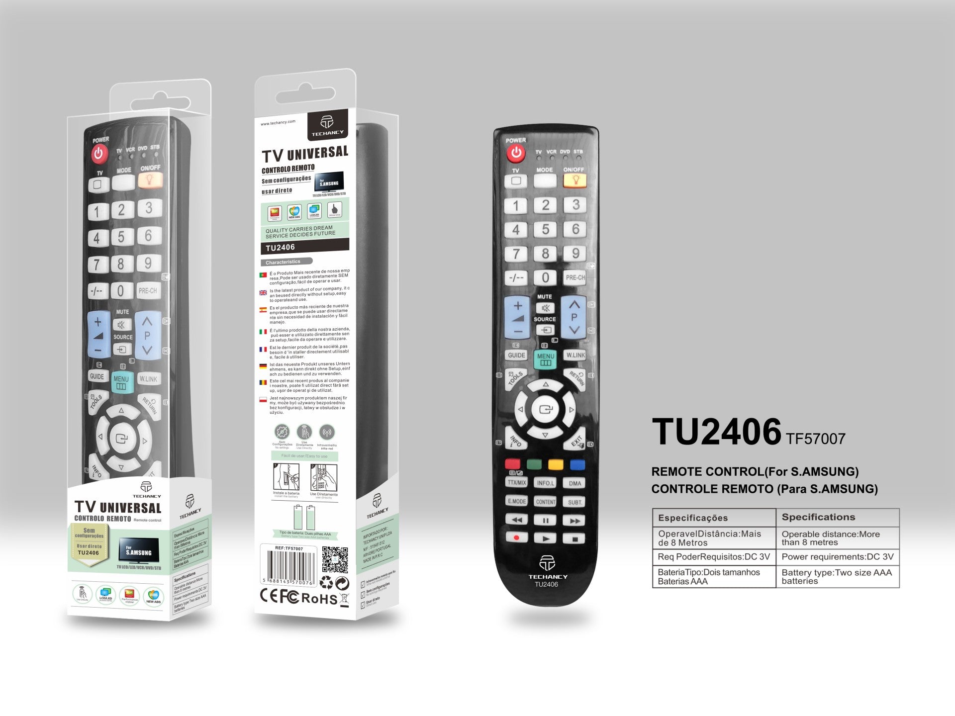 Techancy Wireless TV Remote Control, TU2406, No Setup Required, Remote Control for Samsung TVs, Black