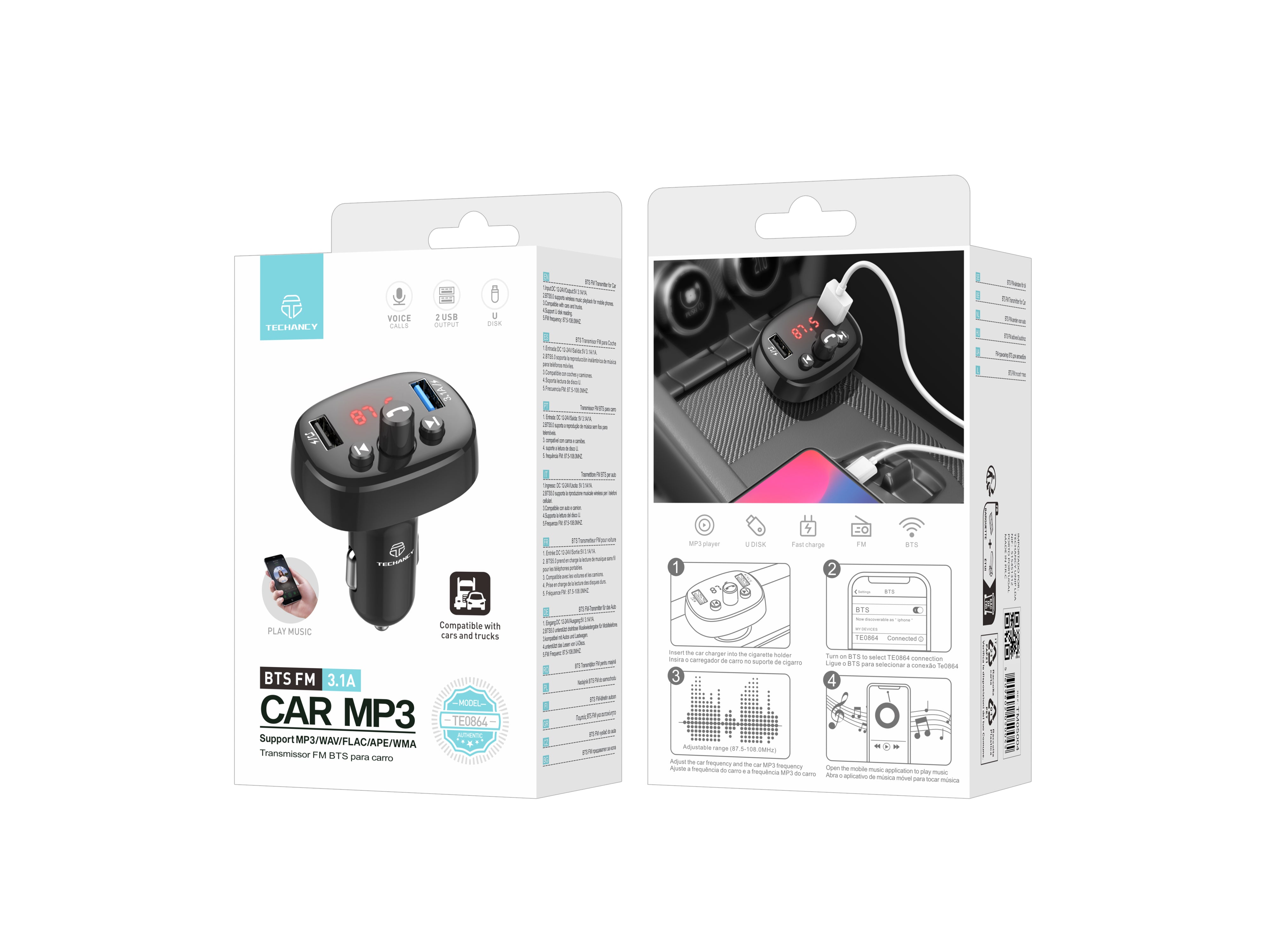 Techancy FM Car Transmitter Black TE0864, ??3.1a, 2 USB Ports, MP3 Player, Compatible with 12v-24v Voltage.
