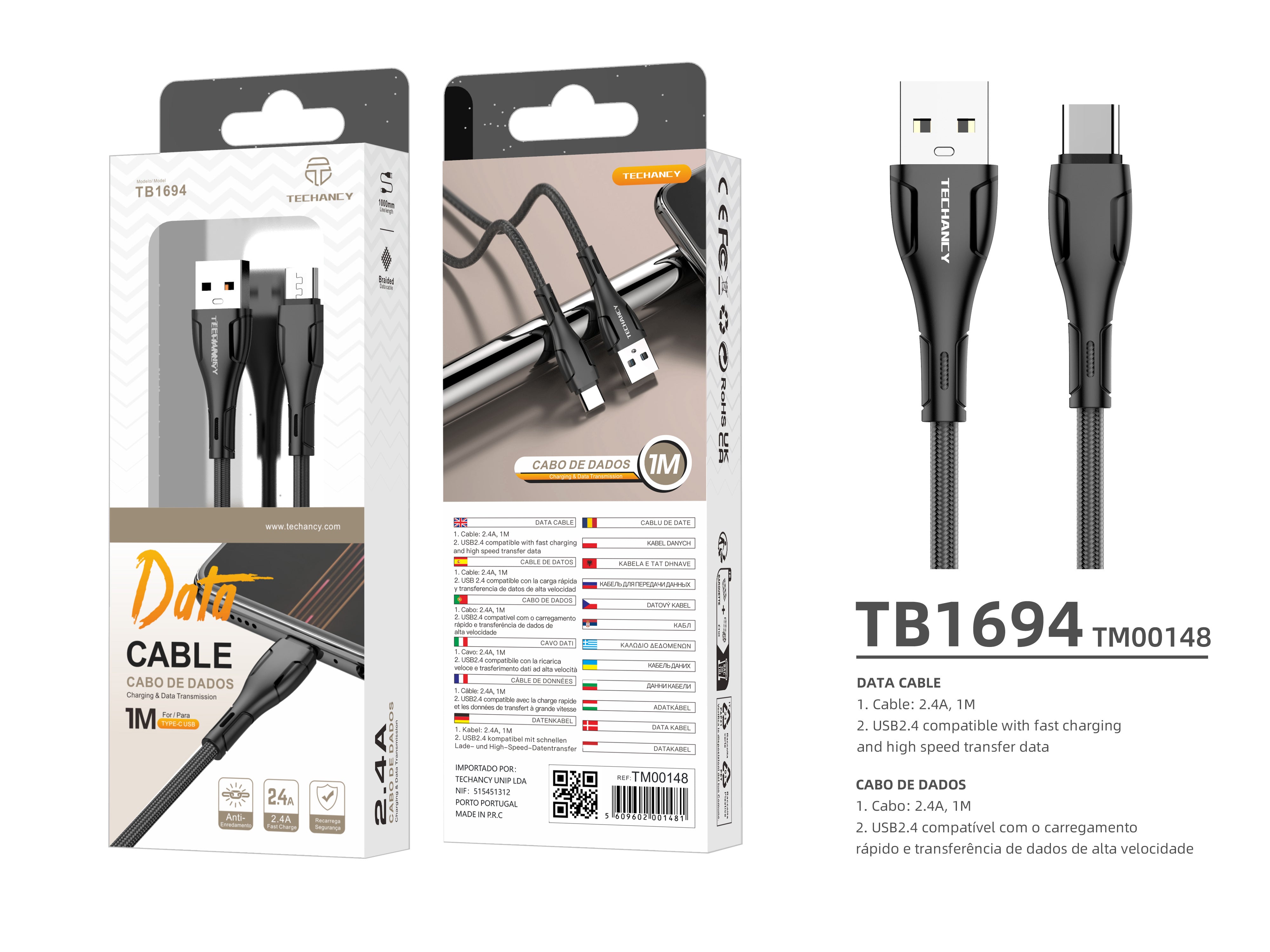 Techancy Cabo De Dados Trançado Usb-Tipo-C Preto TB1694, Carregamento De 2,4 A, Transferência De Dados Compatível