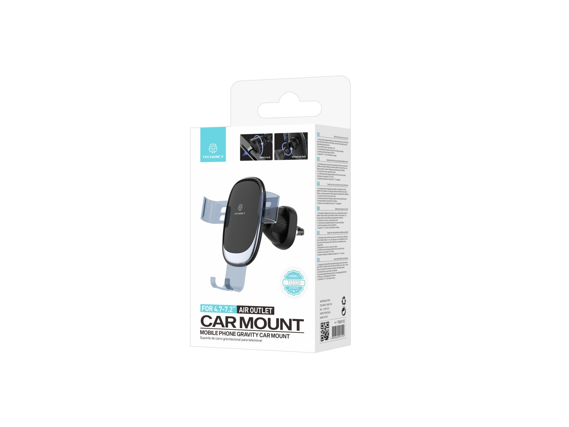 Techancy Suporte Gravitacional Para Automóvel Para Telemóveis 4,7 - 7.2 TI2320, Ângulo De Visualização Ajustável, Preto