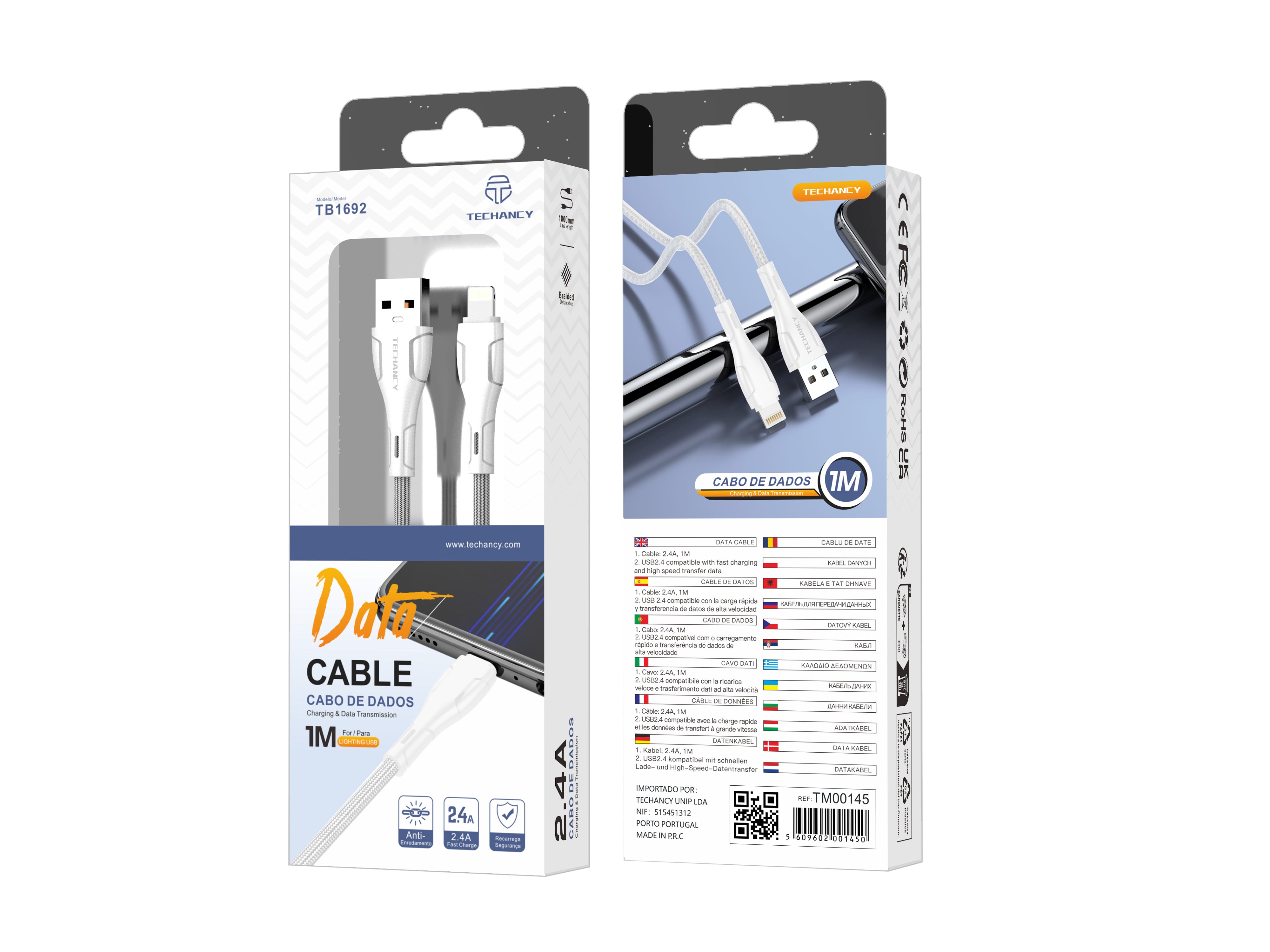 Techancy Cabo De Dados Trançado Usb-Ip8/X/11-14 Branco TB1694, Carregamento De 2,4 A, Transferência De Dados Compatível
