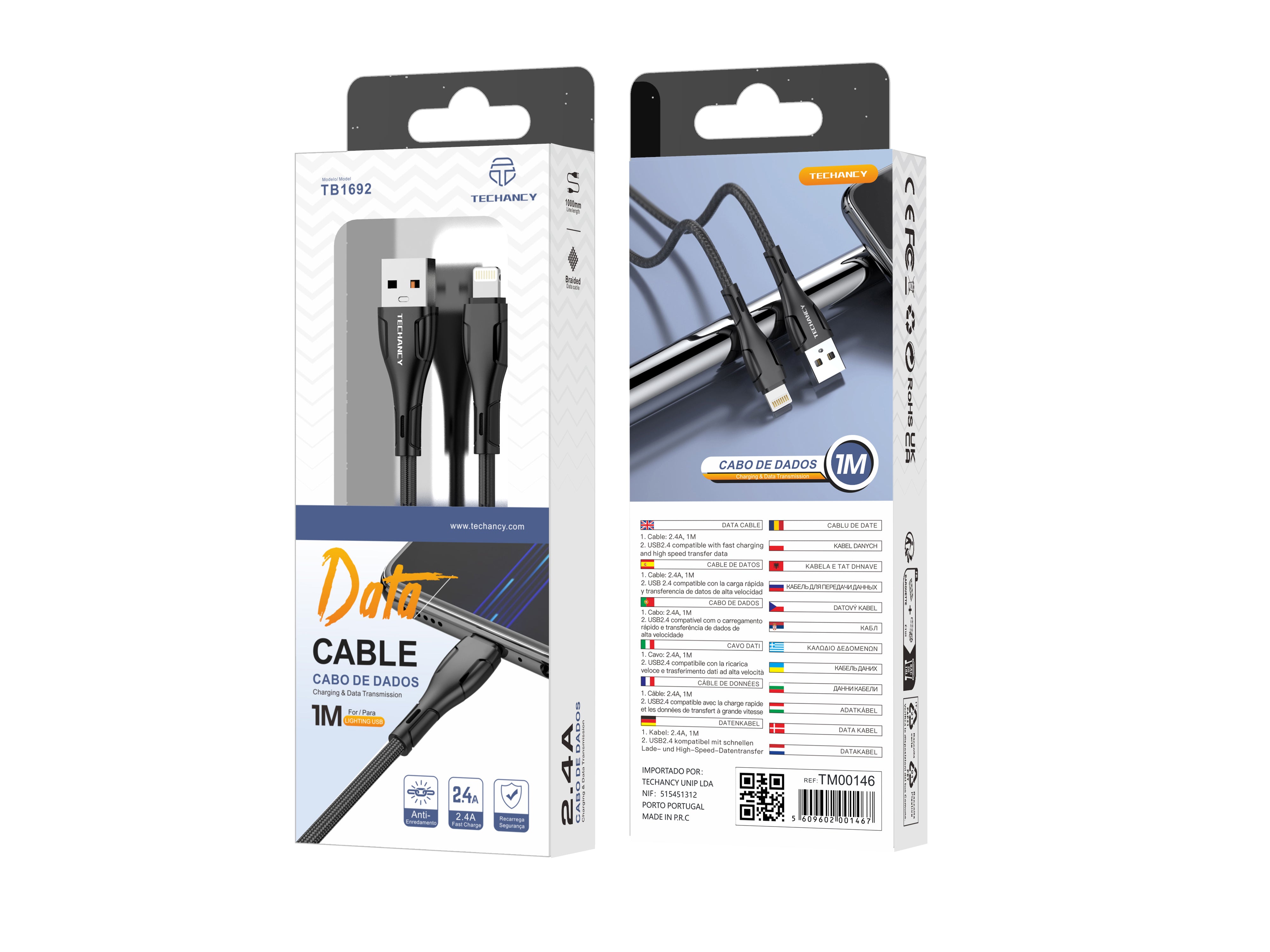 Techancy Cabo De Dados Trançado Usb-Ip8/X/11-14 Preto TB1694, Carregamento De 2,4 A, Transferência De Dados Compatível