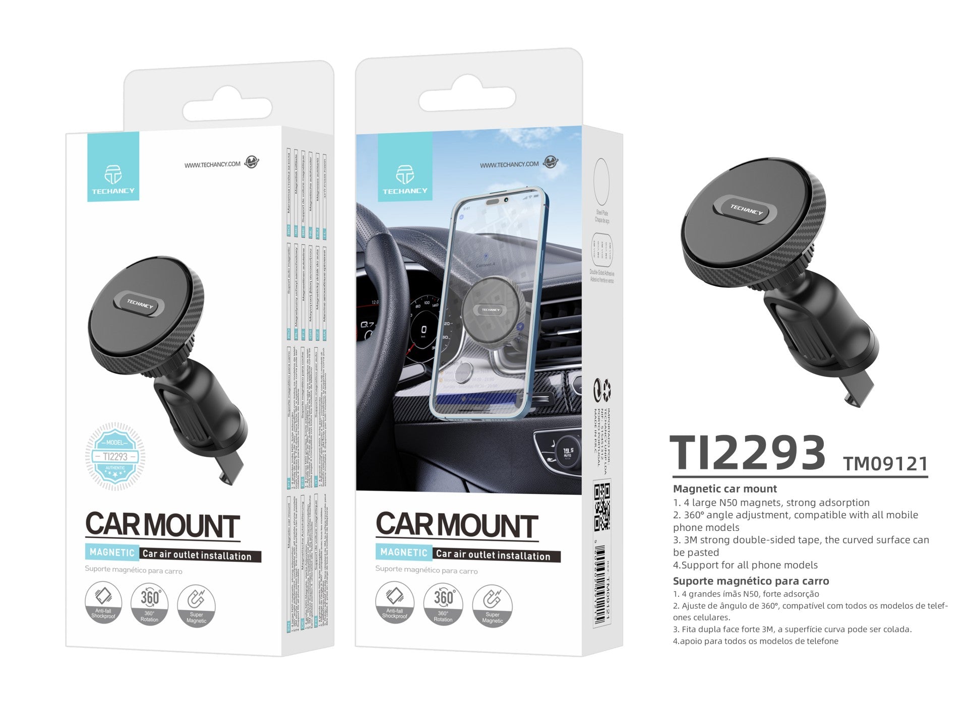 Techancy Suporte Magnético Para Automóvel  Ti2293, Adsorção Magnética, Rotação De 360°, Adequado Para Todos Os Telemóveis