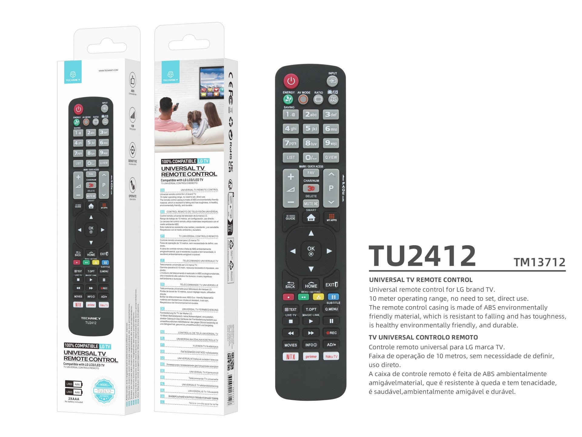 Techancy TV Remote Control TU2412, Compatible with LG TVs, Automatic Pairing Without Configuration