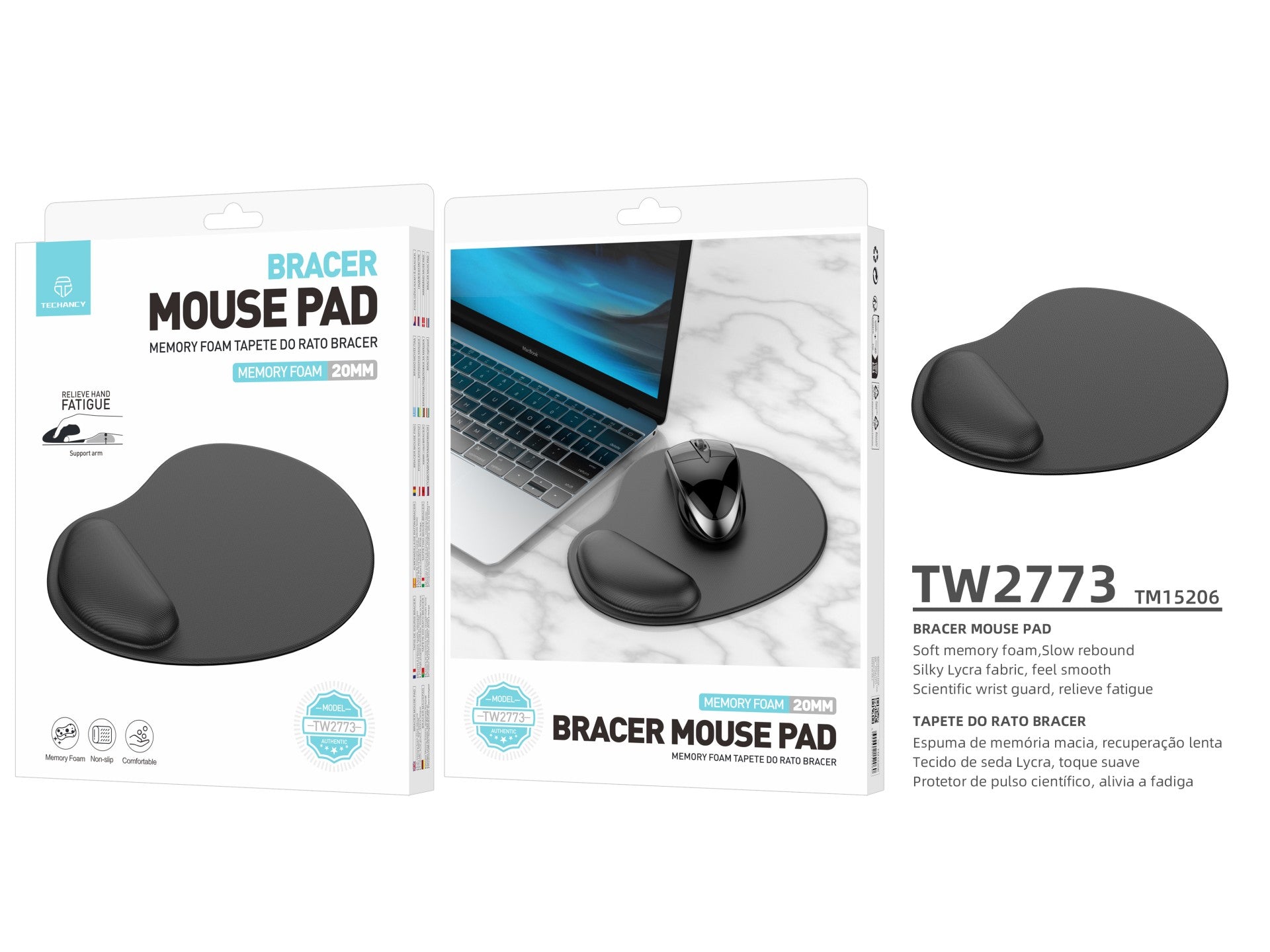Techancy Mouse Pad with Wrist Support TW2773 Black, Relief from Fatigue in Office and Gaming, Non-Slip Design