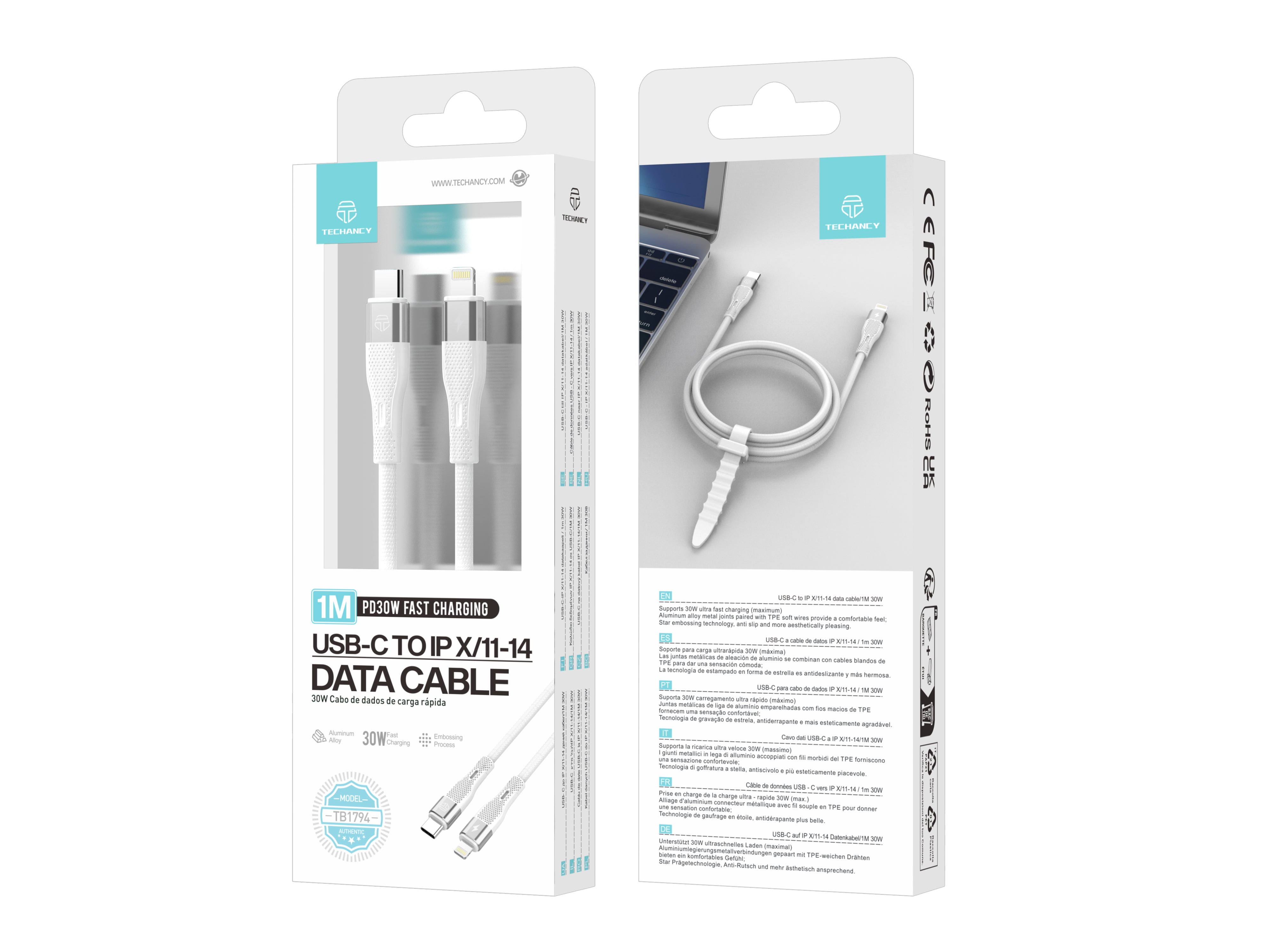 Techancy Cabo De Carregamento Rápido Pd Usb C Para Lightning Branco TB1779, Carregamento Rápido De 30 W, Comprimento 1 M