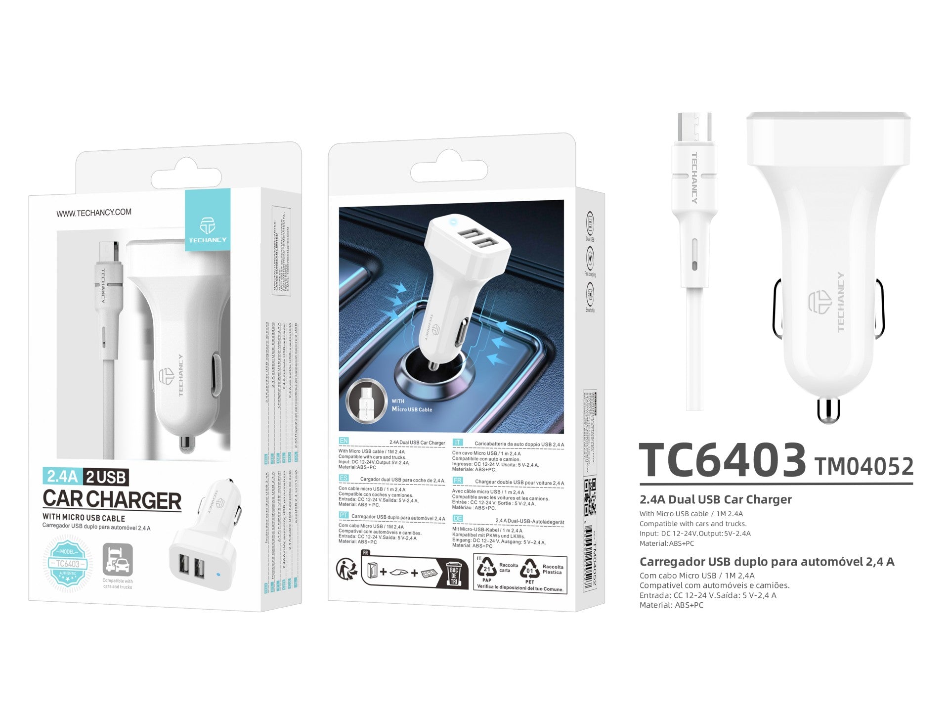 Cargador de coche Techancy TC6403 con doble puerto USB de 2,4 A y cable micro USB - Blanco