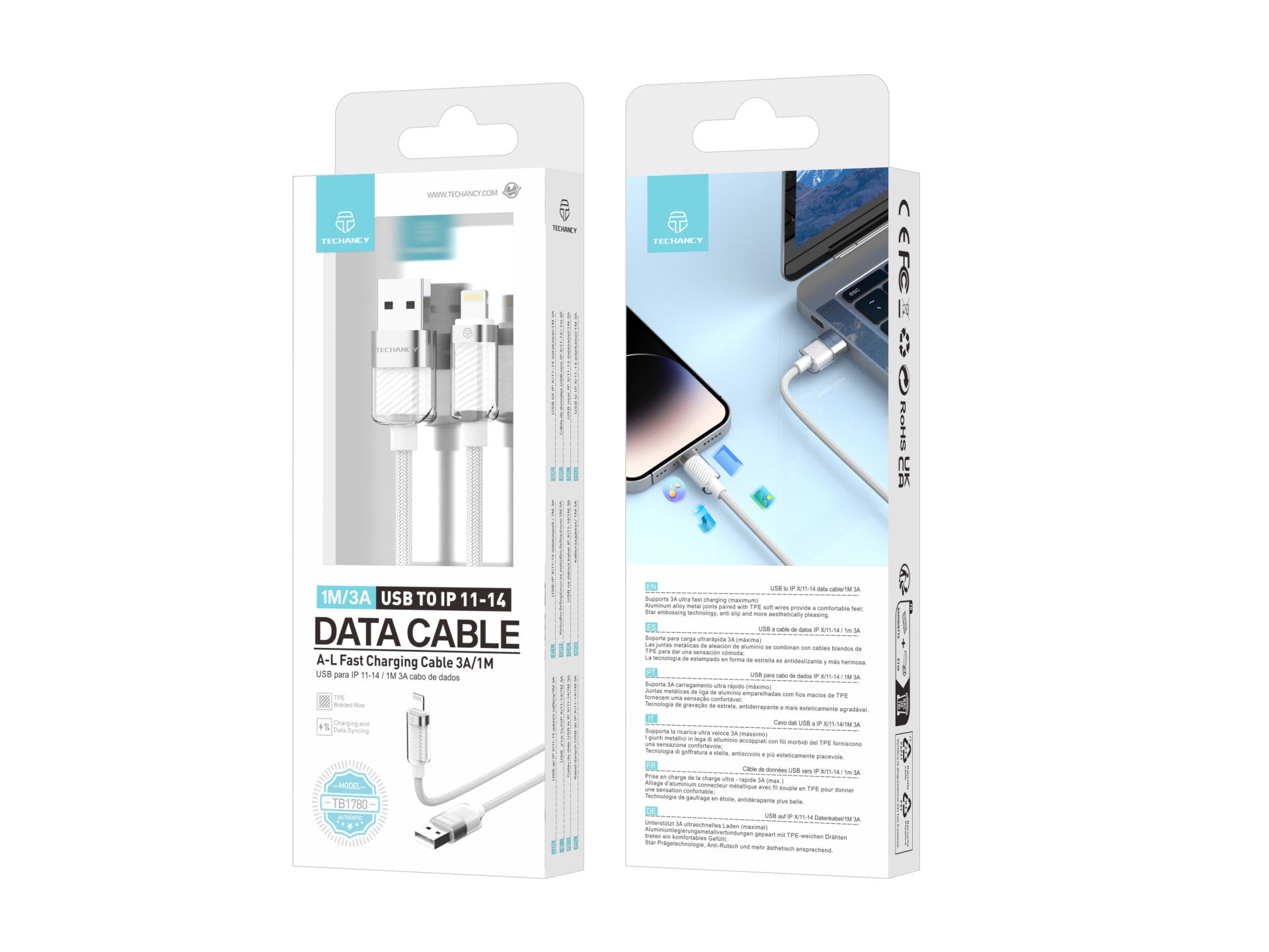 Cable de datos Techancy IP 11-14/USB 1 m/3 A blanco TB1780, compatible con iPhone/iPad, carga rápida y datos
