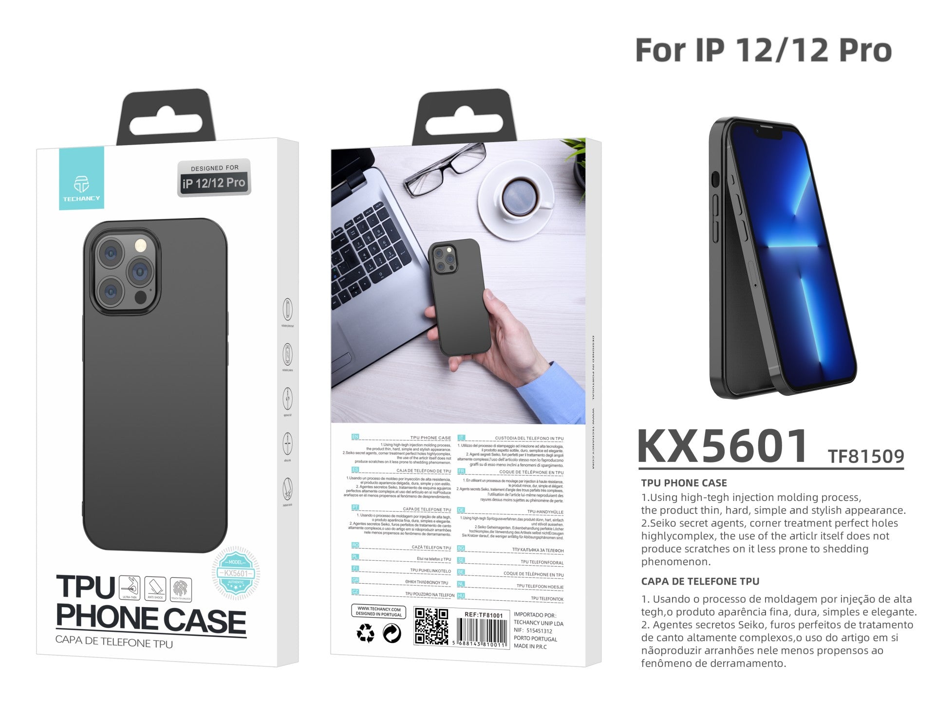 Techancy New TPU Black Phone Case, KX5601, with Camera Lens Protection, Compatible with iPhone 12/12 Pro