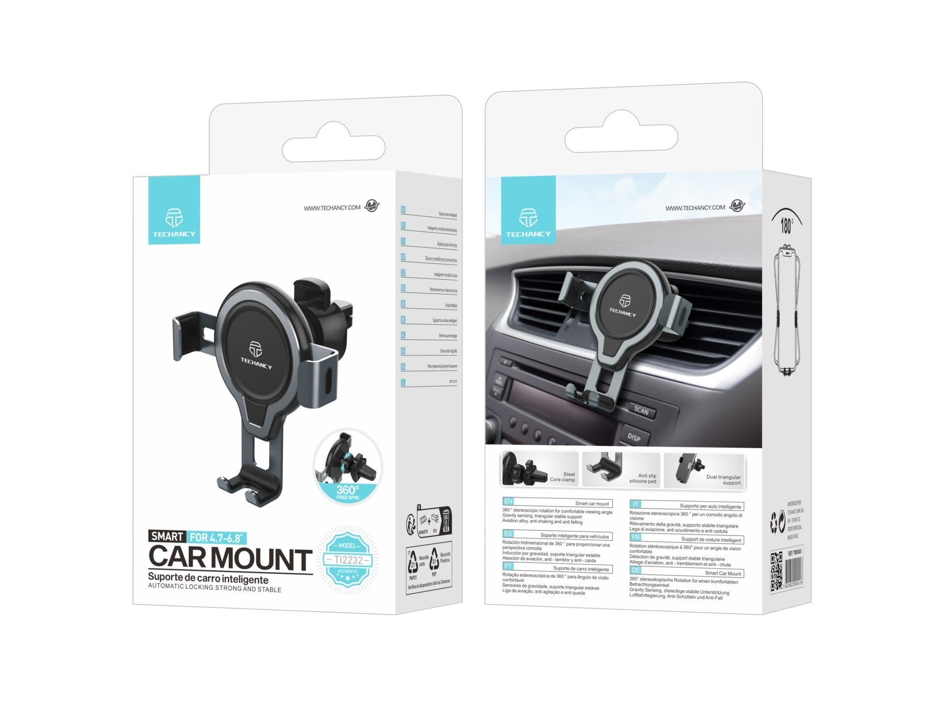 Techancy Suporte de Carro TI2232  , Rotação 360°, Suporte Estável, Compatível com Telemóveis 4.7-6.8