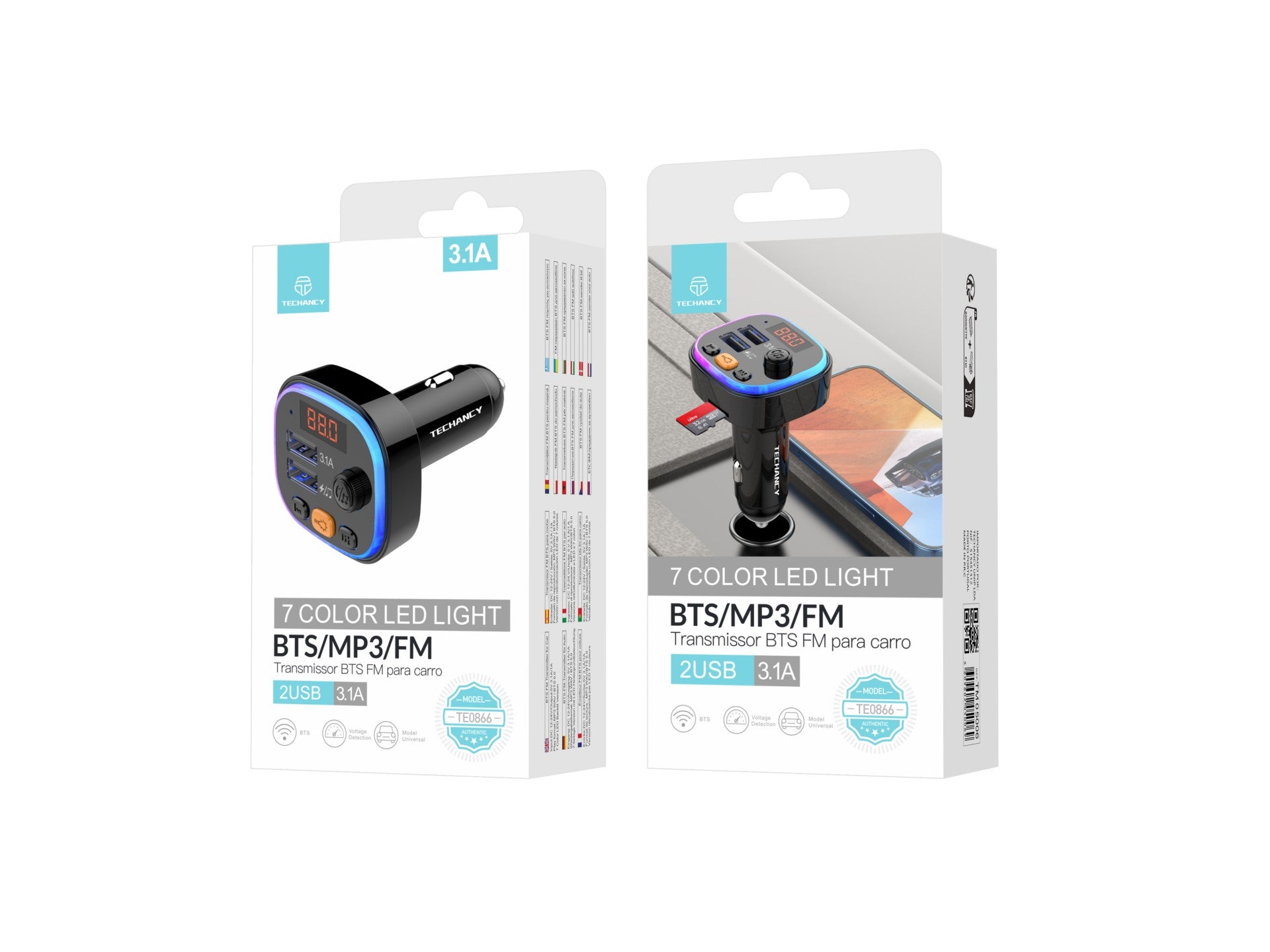 Techancy Transmissor Fm Para Carro TE0866, Bluetooth, Mp3, 2usb 3.1a, Luz Led 7 Cores, Para 12-24v