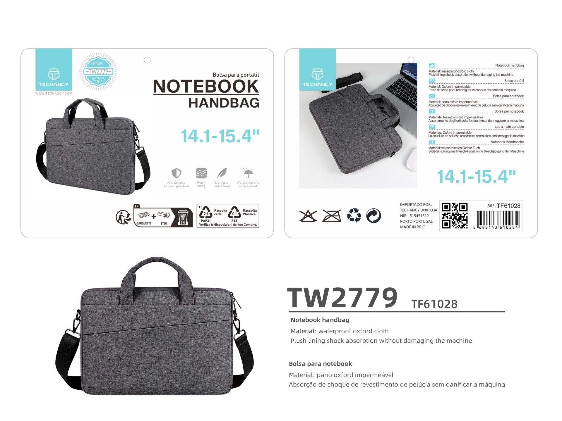 Mala de transporte para computador portátil Techancy TW2779, Preto, 14,1/15,4 polegadas, alça ajustável para o ombro