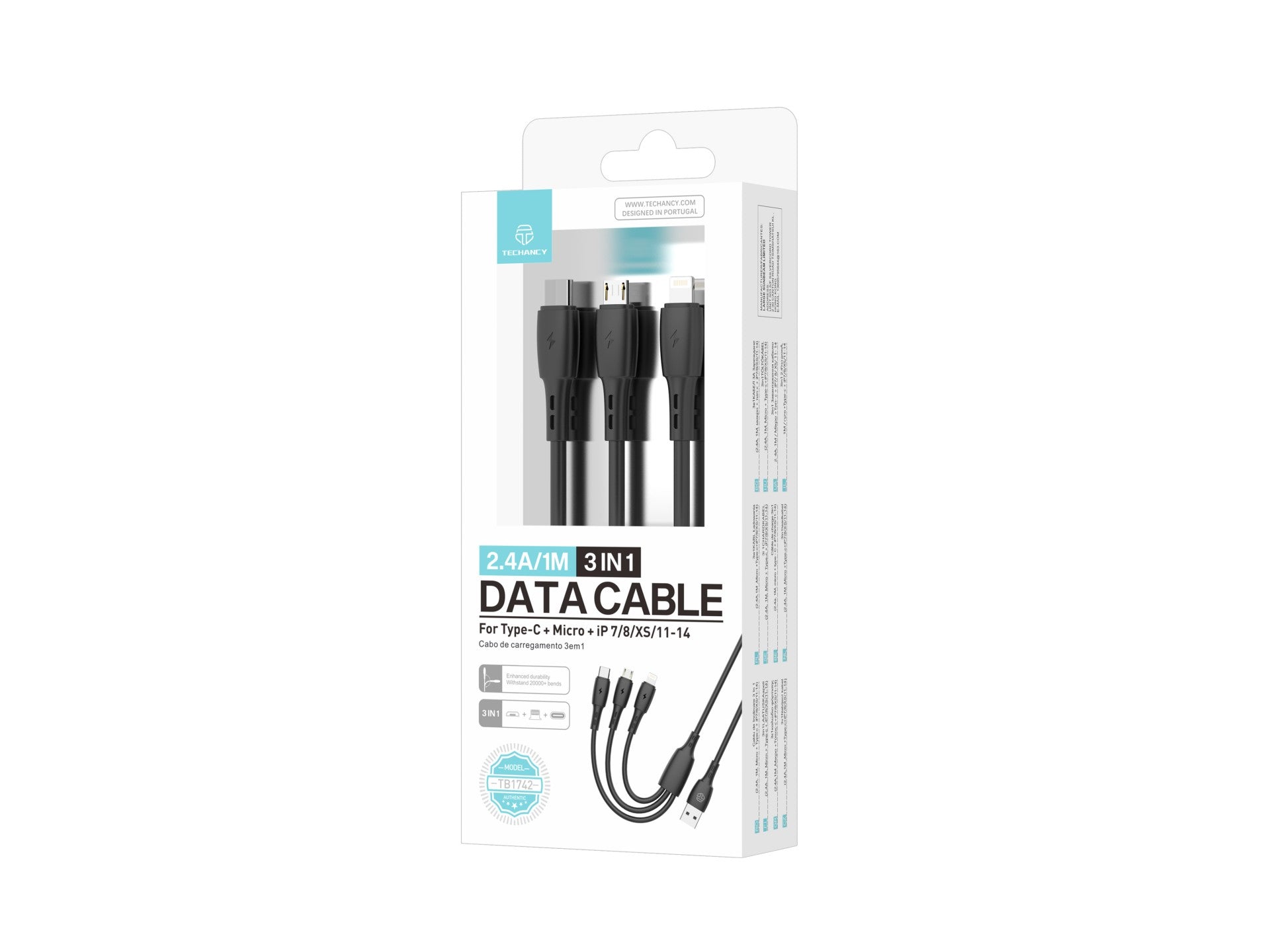 Techancy Cabo 3 em 1 TB1742, 2.4A, 1m Preto, USB-C/Micro/Lightning, CompatIvel com Dispositivos Diversos, Design Resistente