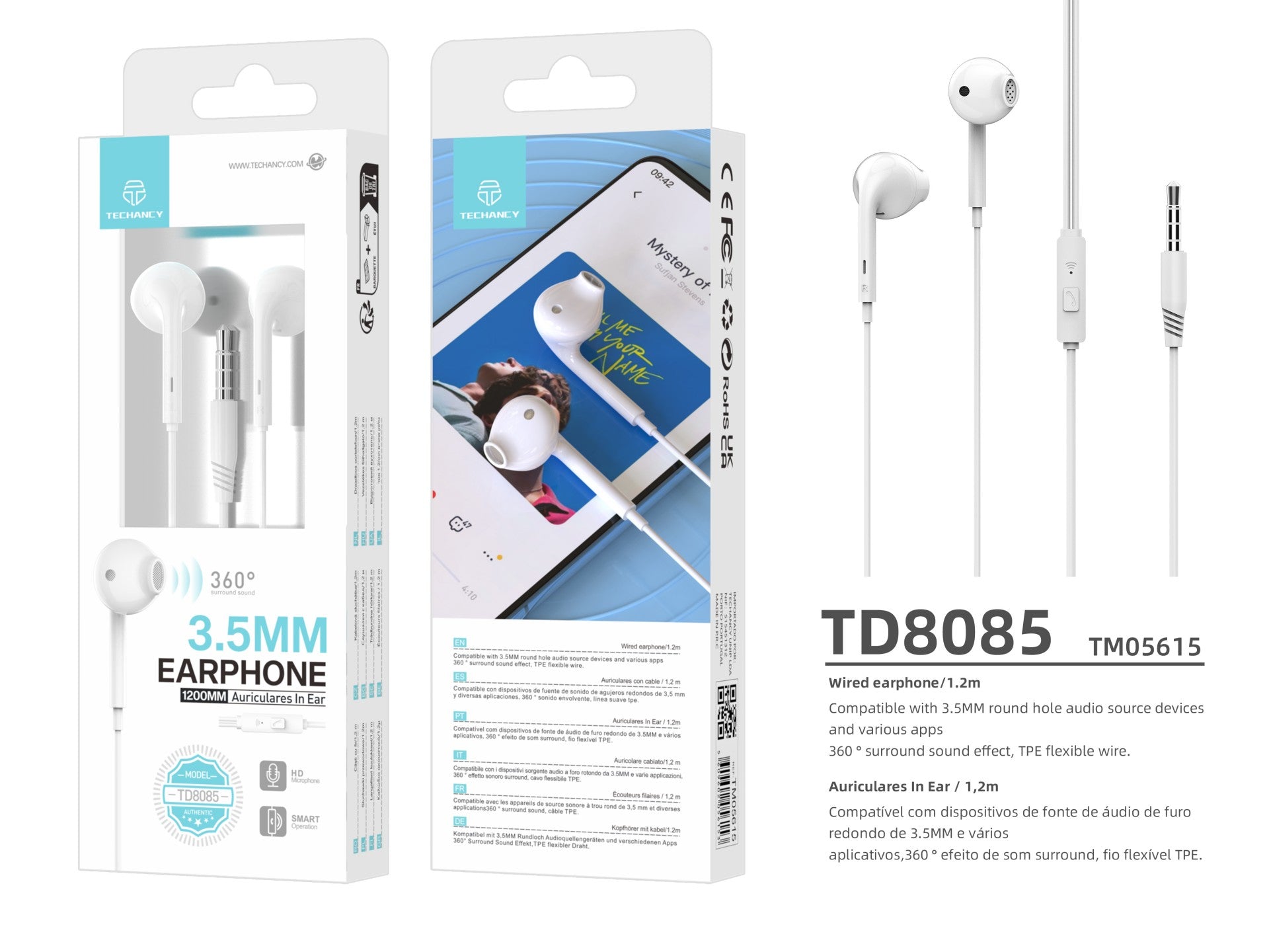 Techancy Auscultadores Intra-Auriculares Brancos 1.2m TD8085 Com Cabo E Microfone, Auscultadores Para Música De 3,5 Mm