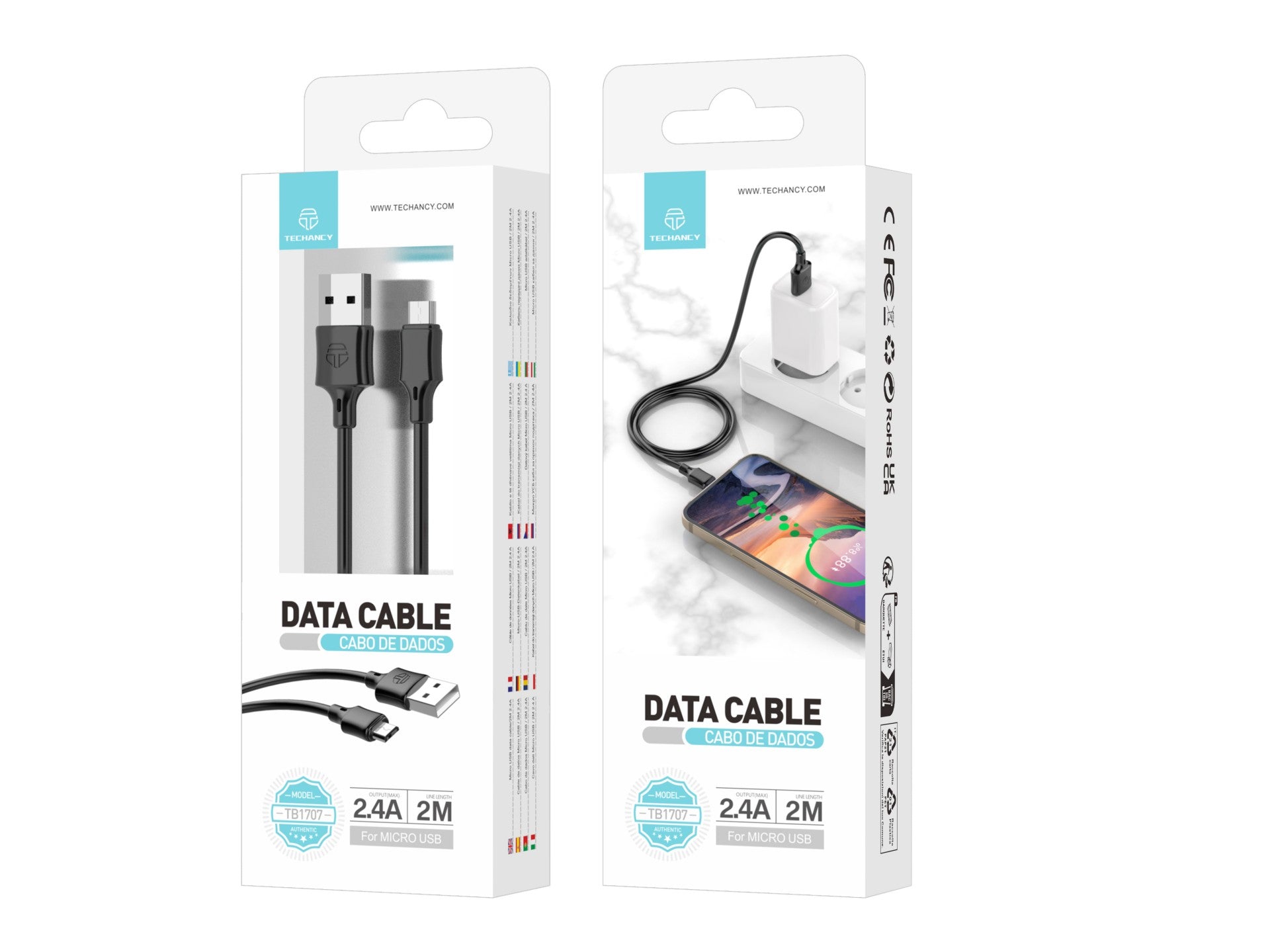 Cable de datos USB-Micro Techancy TB1707 negro, 2 m de distancia, carga de 2,4 A, compatible con dispositivos Micro
