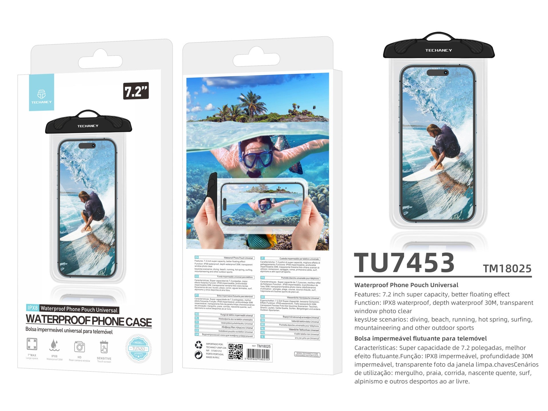Techancy TU7453 Black Waterproof Phone Case. Extra Large 7.2 Inch Capacity, IPX8 Waterproof.