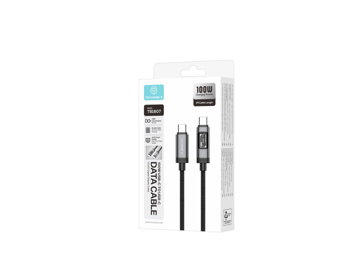 Cabo USB-C para USB-C 100W TECHANCY TB1807, 1 m, Ecra Digital OLED, Nylon Entrancado, Dados 480 Mbps, Preto