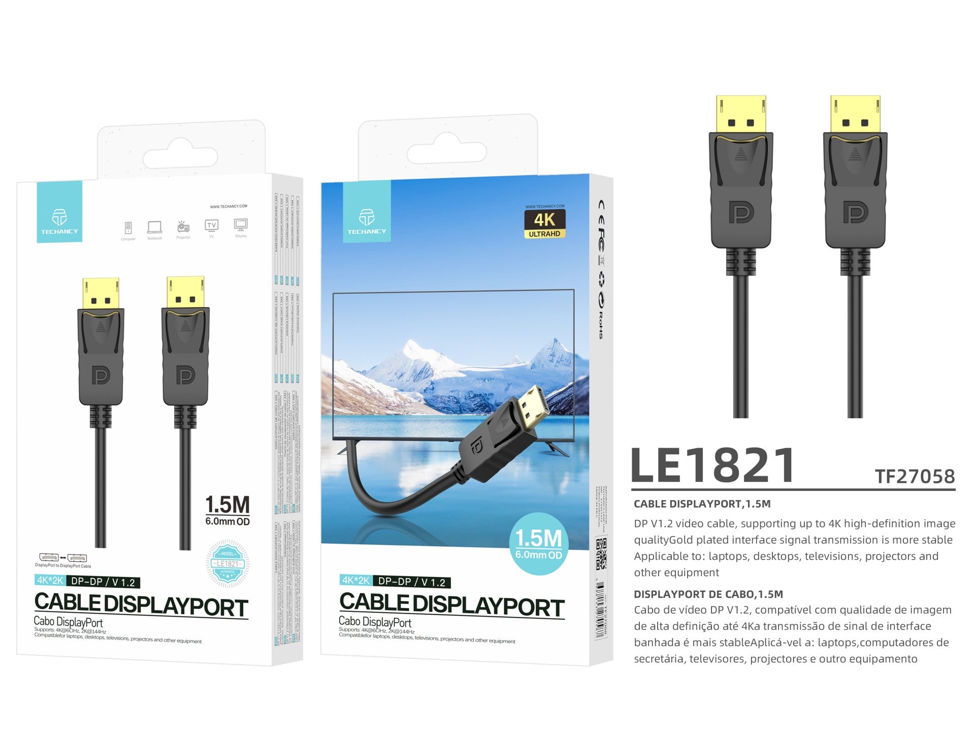 Cabo de vídeo de alta definição Techancy DP para DP 1,5 m, LE1821, 4K*2K/1080P, preto