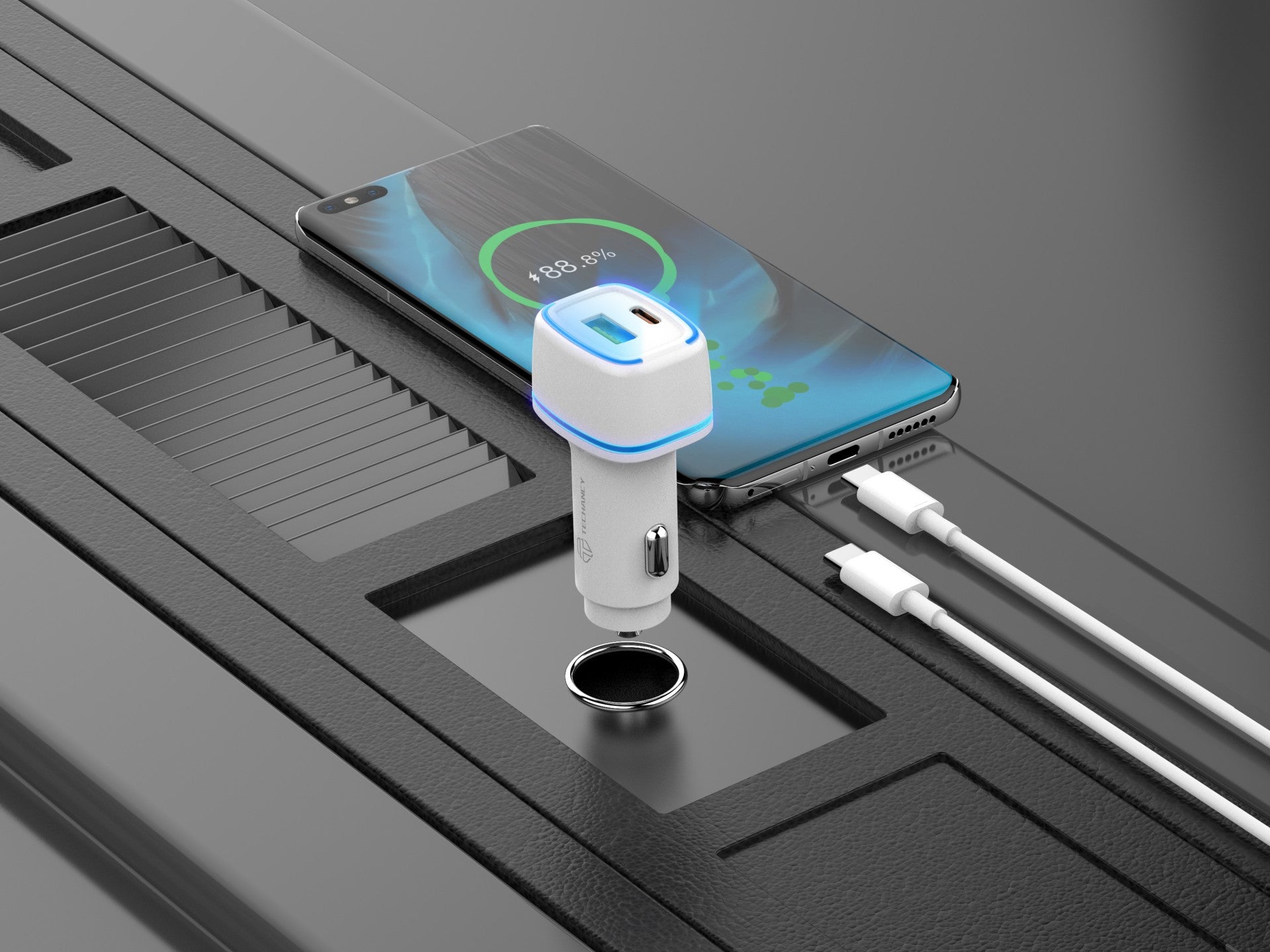 Techancy Carregador De Automóvel 38w  TC6405, Carregamento Rápido Pd3.0+Qc3.0, Conjunto De Cabos Usb C-Usb C,