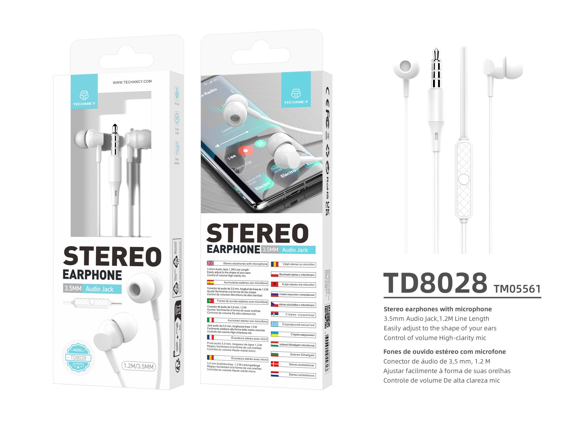 Auriculares intrauditivos Techancy negros de 1,2 m TD8029, con control de volumen del micrófono y conector de 3,5 mm