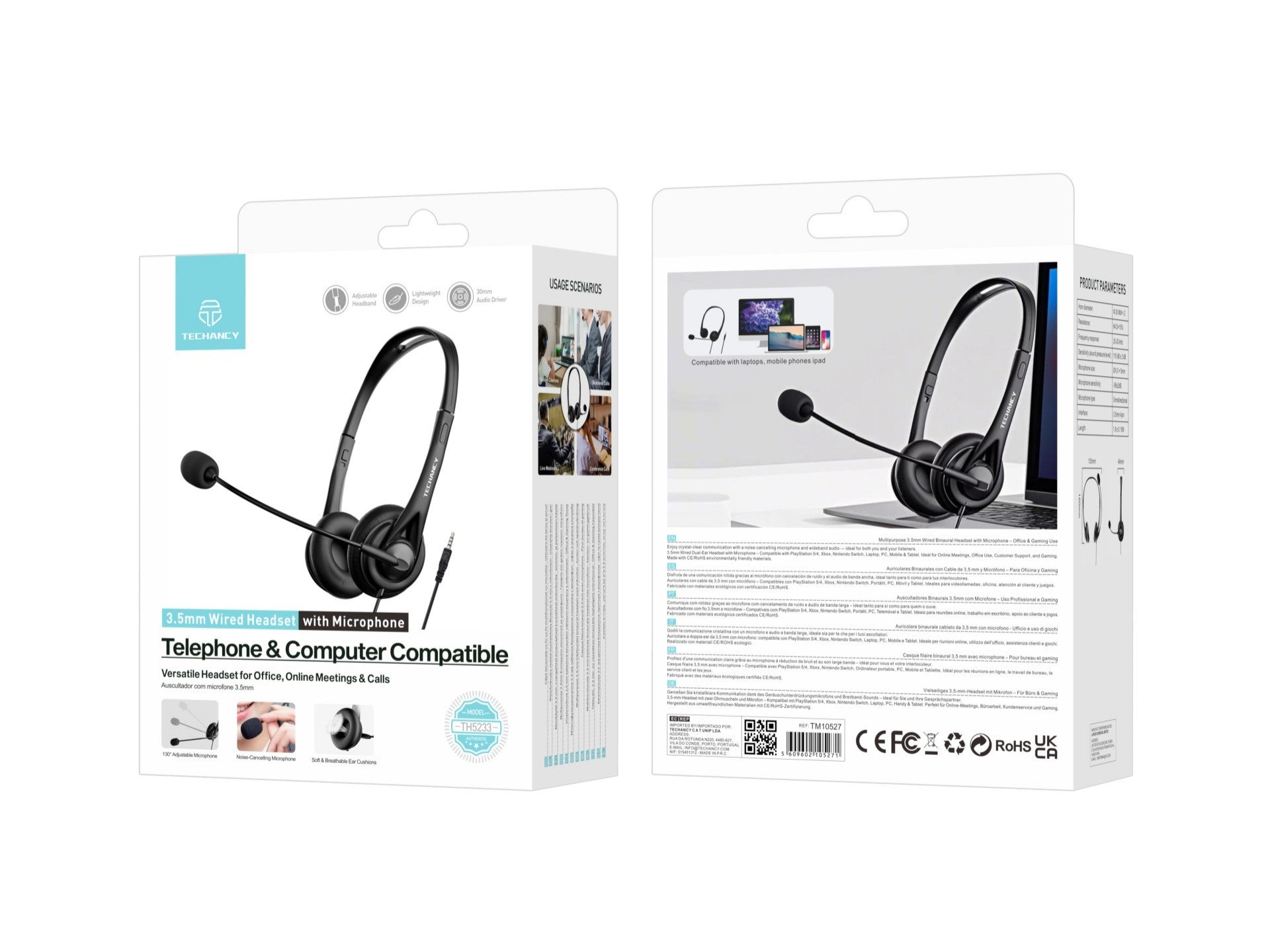 Techancy TH5233 Wired 3.5mm Binaural Headset with Noise-Cancelling Microphone for Call Centers, Offices, Meetings, and Gaming. Compatible with PC, Mobile Phones, and Consoles.