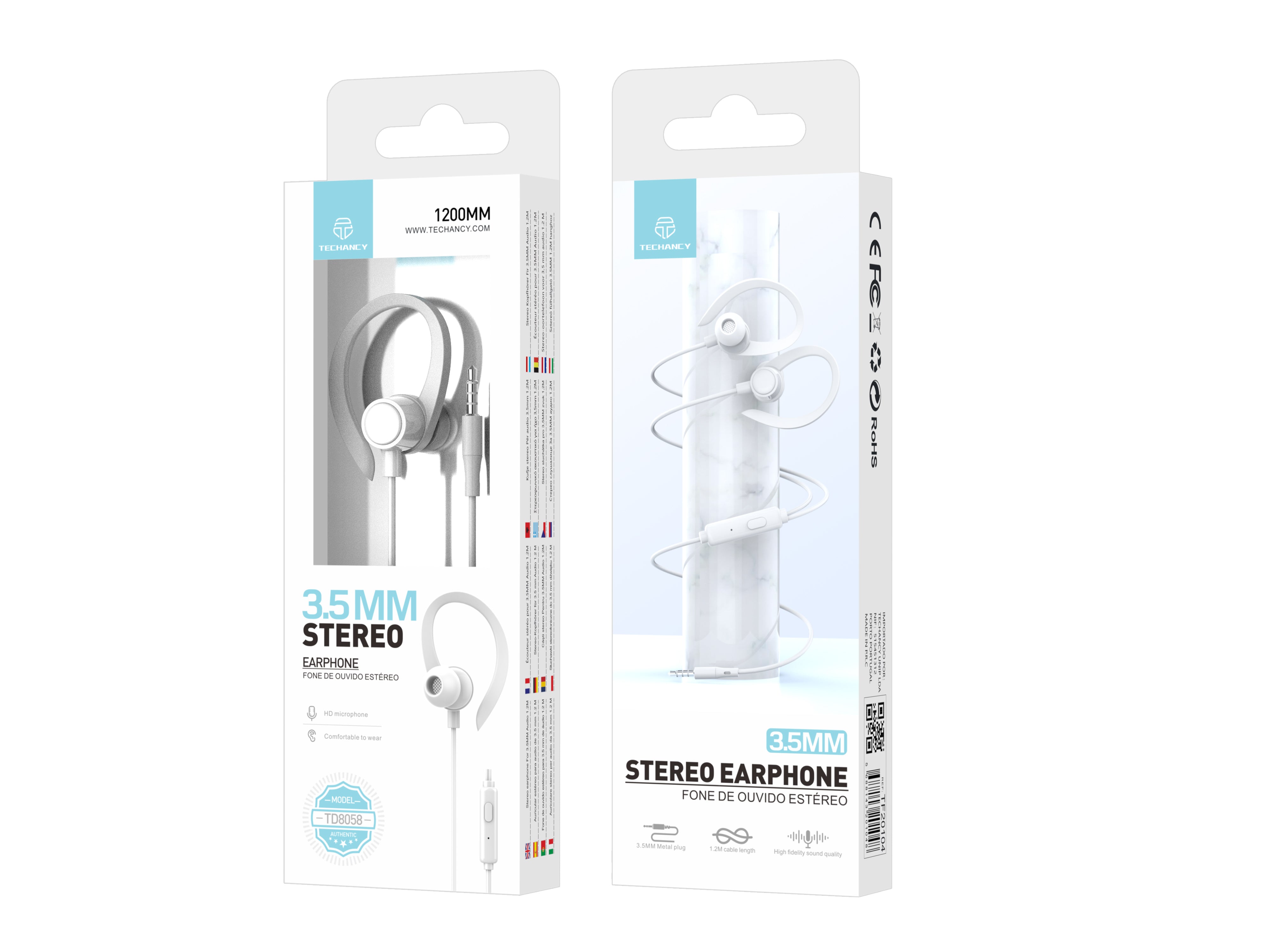 Techancy Auriculares stereo 3.5MM TD8058 cabo 1.2M com microfone confortavel som alta fidelidade Branco
