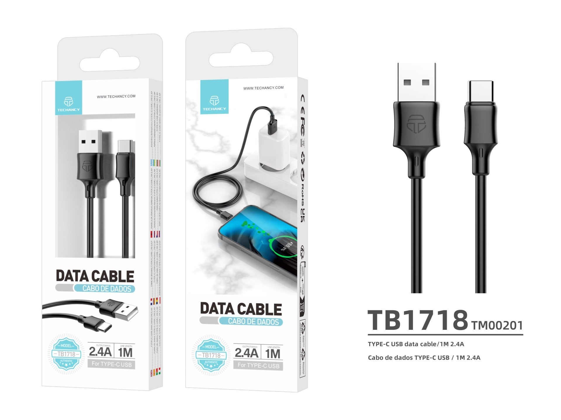 Techancy Cabo De Dados Usb-Tipo C 1M Preto TB1725, Carregamento De 2,4 A, Compatível Com Telemóveis Tipo C