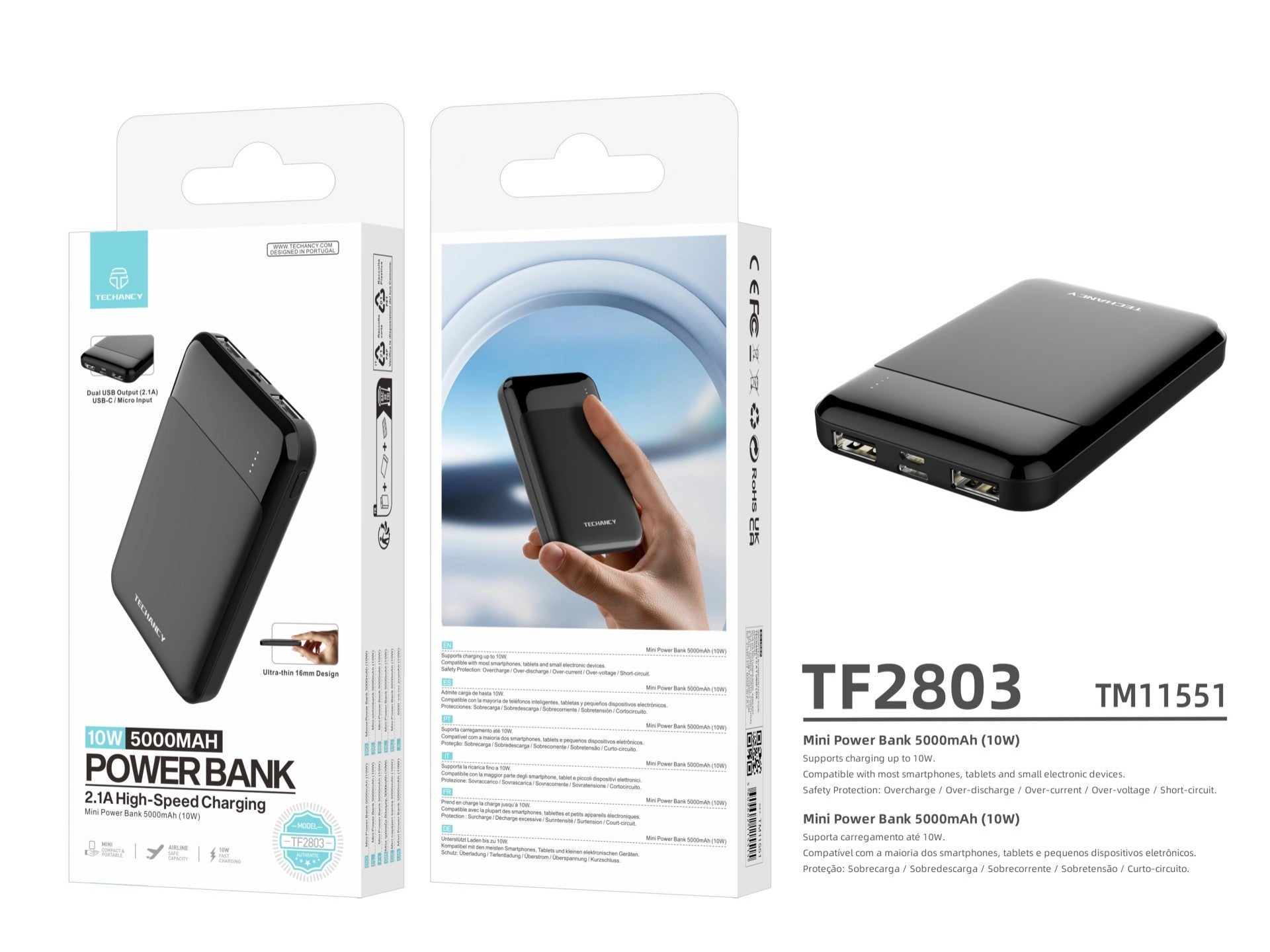Techancy Mini Power Bank 5000mAh TF2803 10W Carregamento Rapido Compacto Protecao Inteligente para Telemovel e Tablet