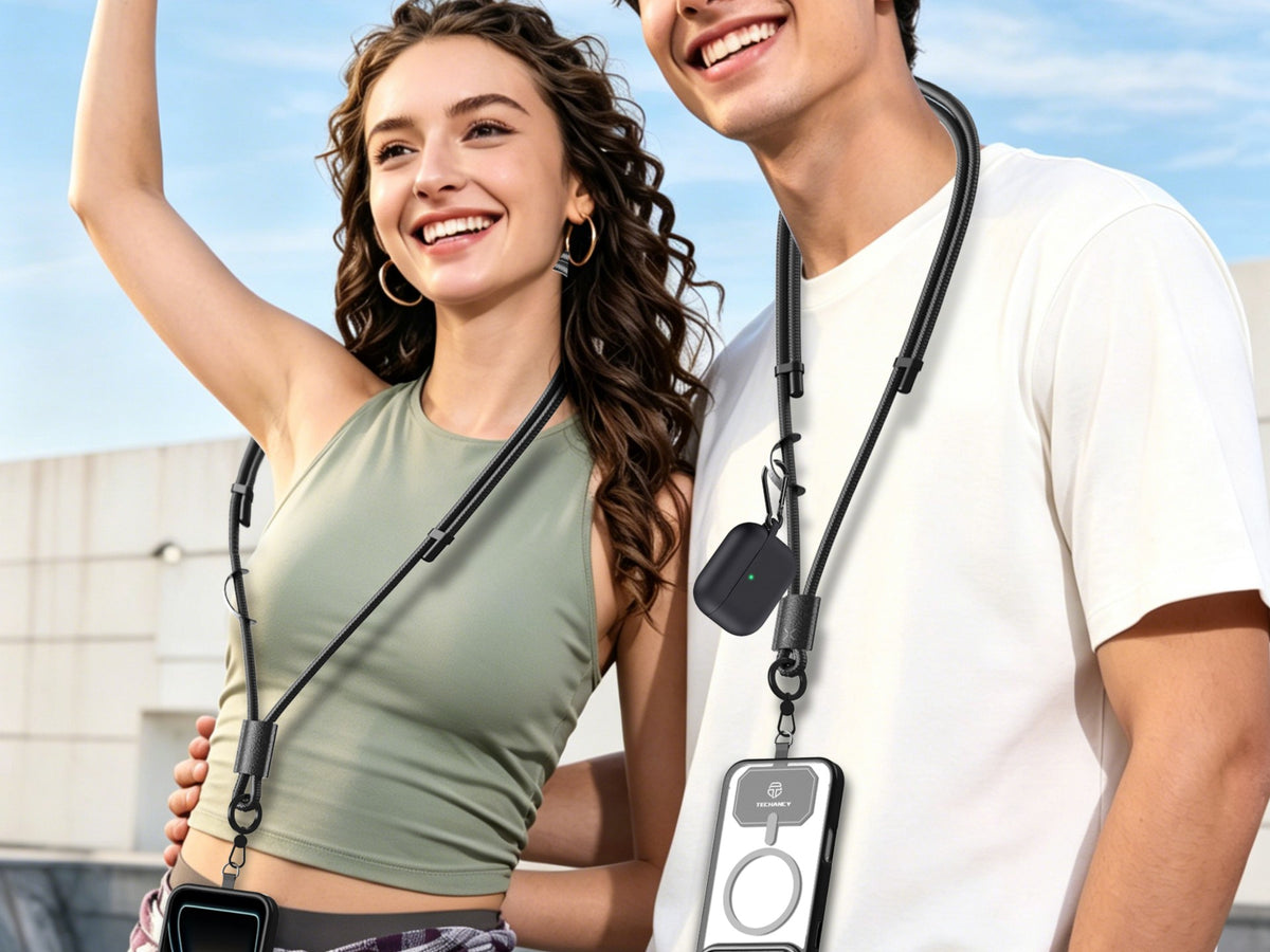 TECHANCY TW2780 Mobile Phone Lanyard, Adjustable 40-70 cm, 8 mm Braided Cord, Neck and Shoulder Strap, Black