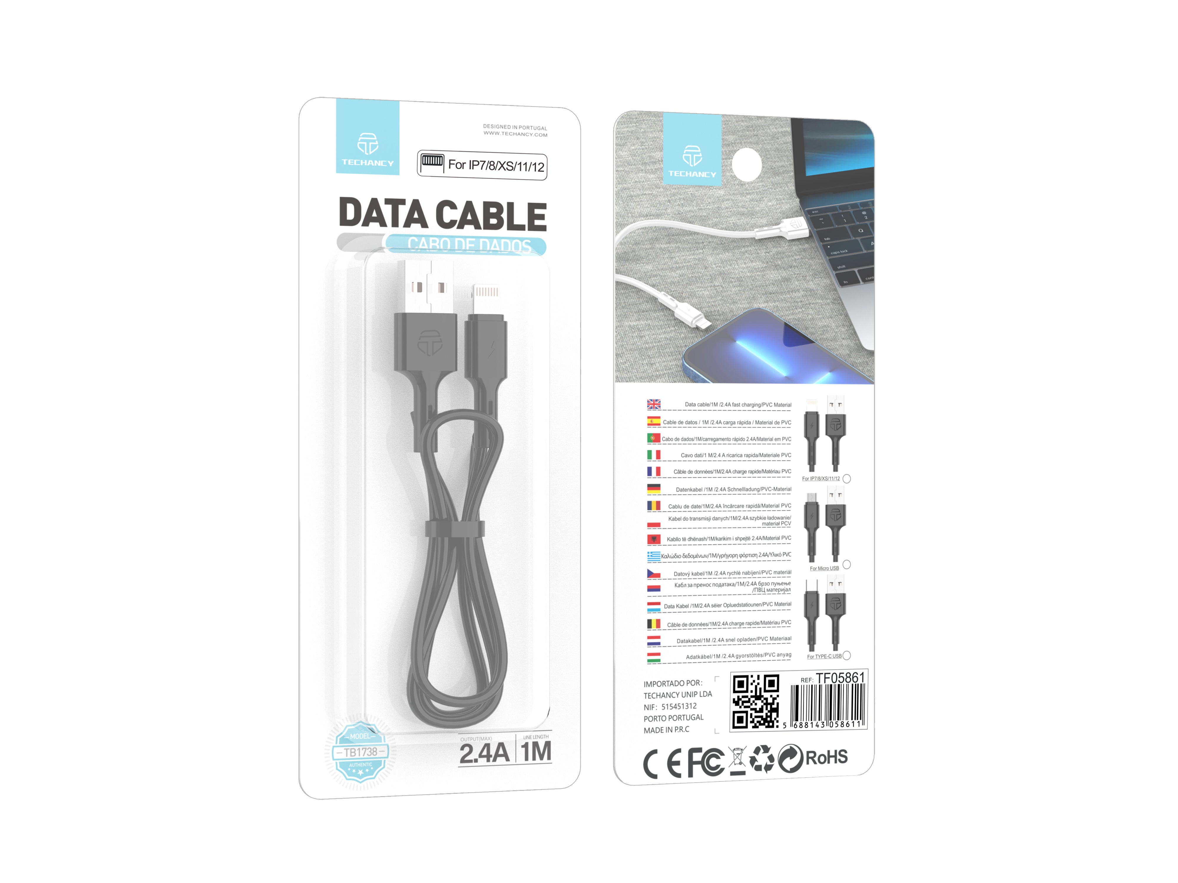 Cable de datos USB Techancy - IP7/8/X/11-14, TB1738, 1 m, 2,4 A, carga rápida, transferencia de datos, negro