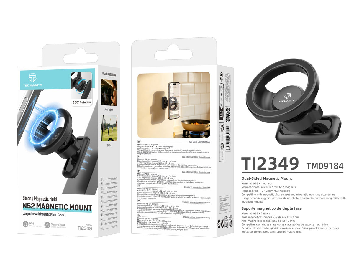 Suporte Magnetico Dupla Face para Telemovel Techancy TI2349, Imanes N52, Rotacao 360 Graus, Dobravel, Multiusos, Preto