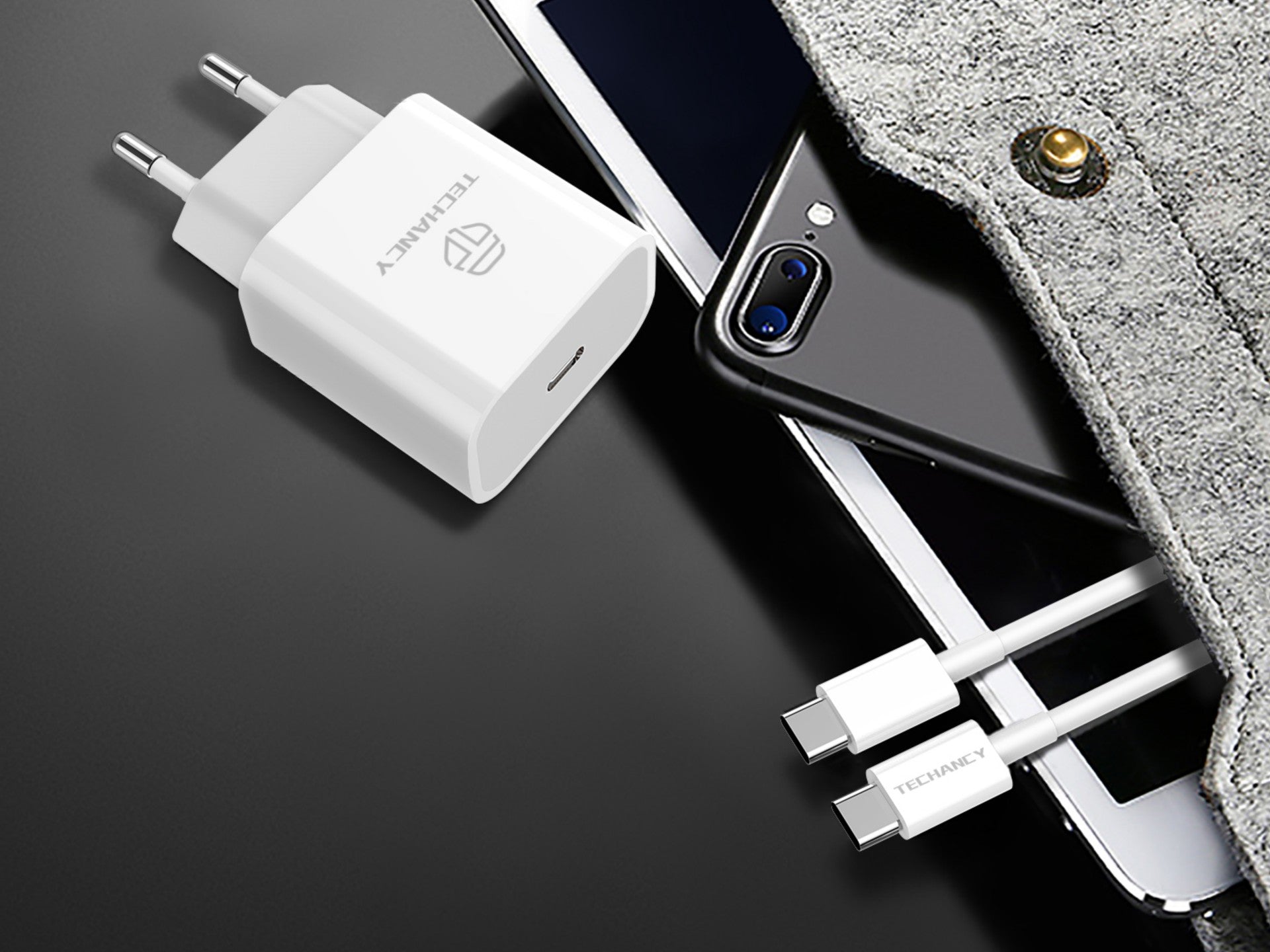 Techancy Carregador Pd 18w TA2786, Conjunto De Cabos Usb C-Lightning, Carregamento Rápido 3A, Compacto E Portátil