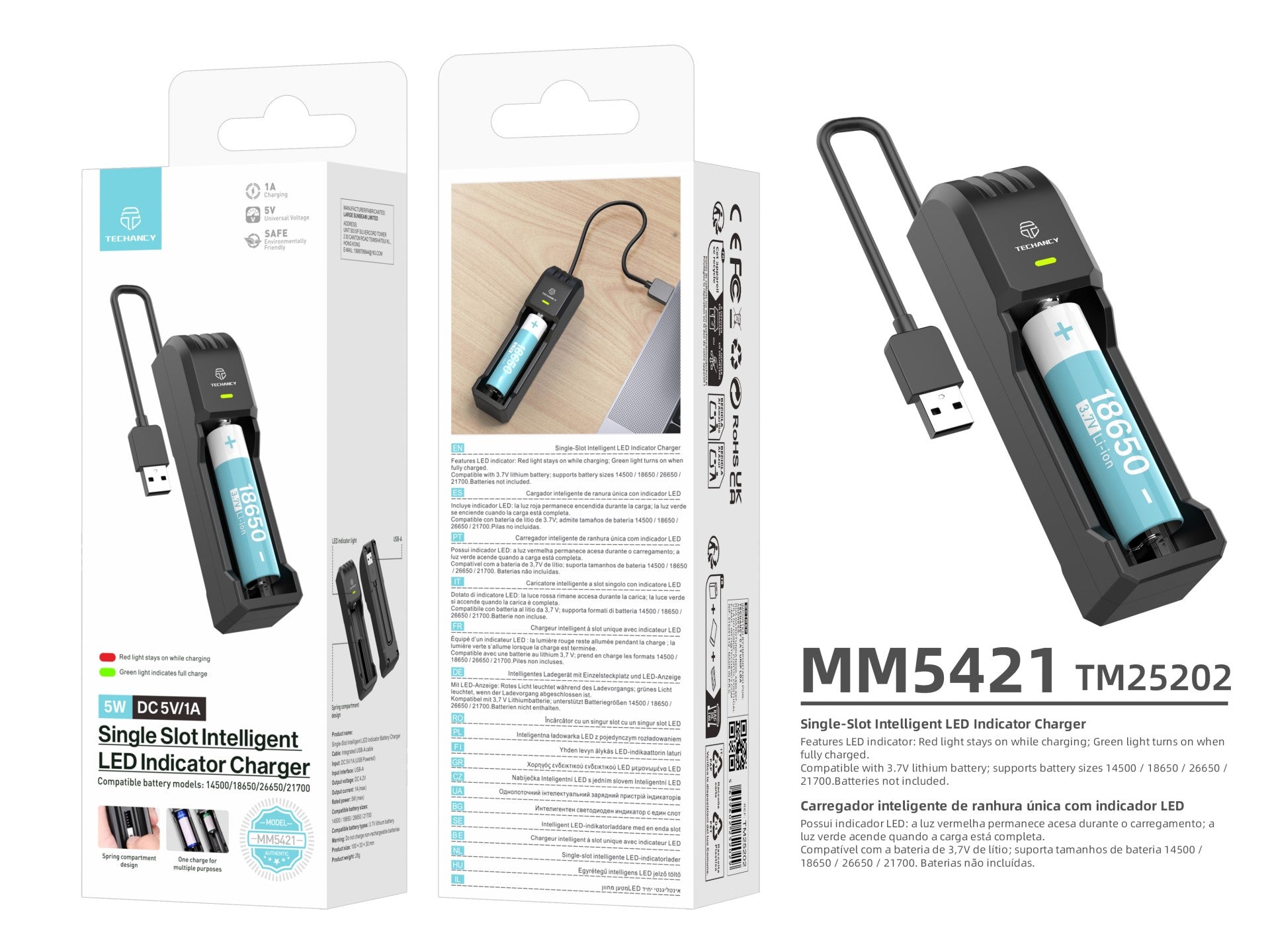 Techancy MM5421 Single Battery Charger with LED Indicator, Compatible with 14500, 18650, 26650, and 21700 3.7V USB, Safe, Portable, Black Color.