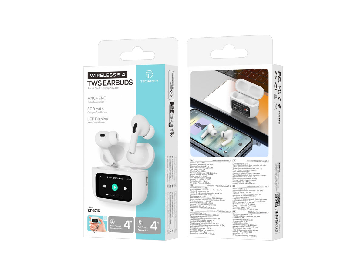 Auriculares Bluetooth TWS Techancy KP2716, Bluetooth 5.4, HiFi, ANC e ENC, Ecra Tatil, Caixa 300mAh, Autonomia 4h, Branco