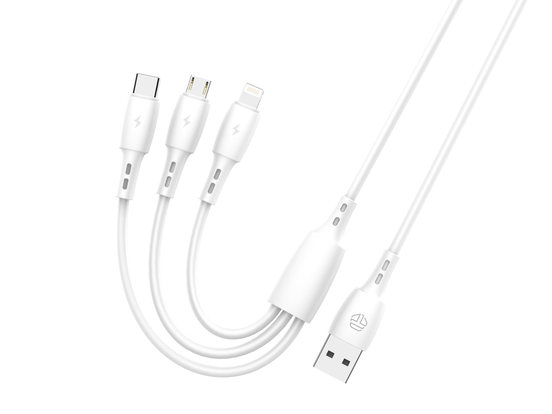 Cable 3 en 1 Techancy TB1742, 2,4 A, 1 m, blanco, USB-C/Micro/Lightning, compatible con varios dispositivos, diseño resistente