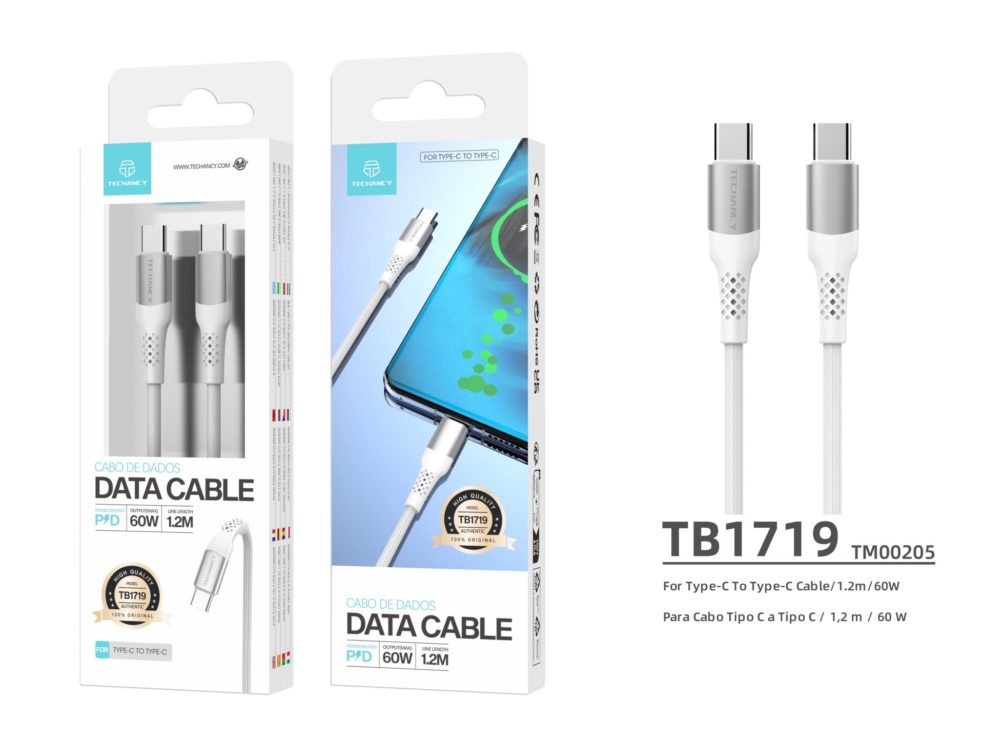 Techancy Cabo De Dados Pd De Alta Velocidade TB1719, Carregamento De Tipo C Para Tipo C 60wpd, Cabo Entrançado De 1,2m