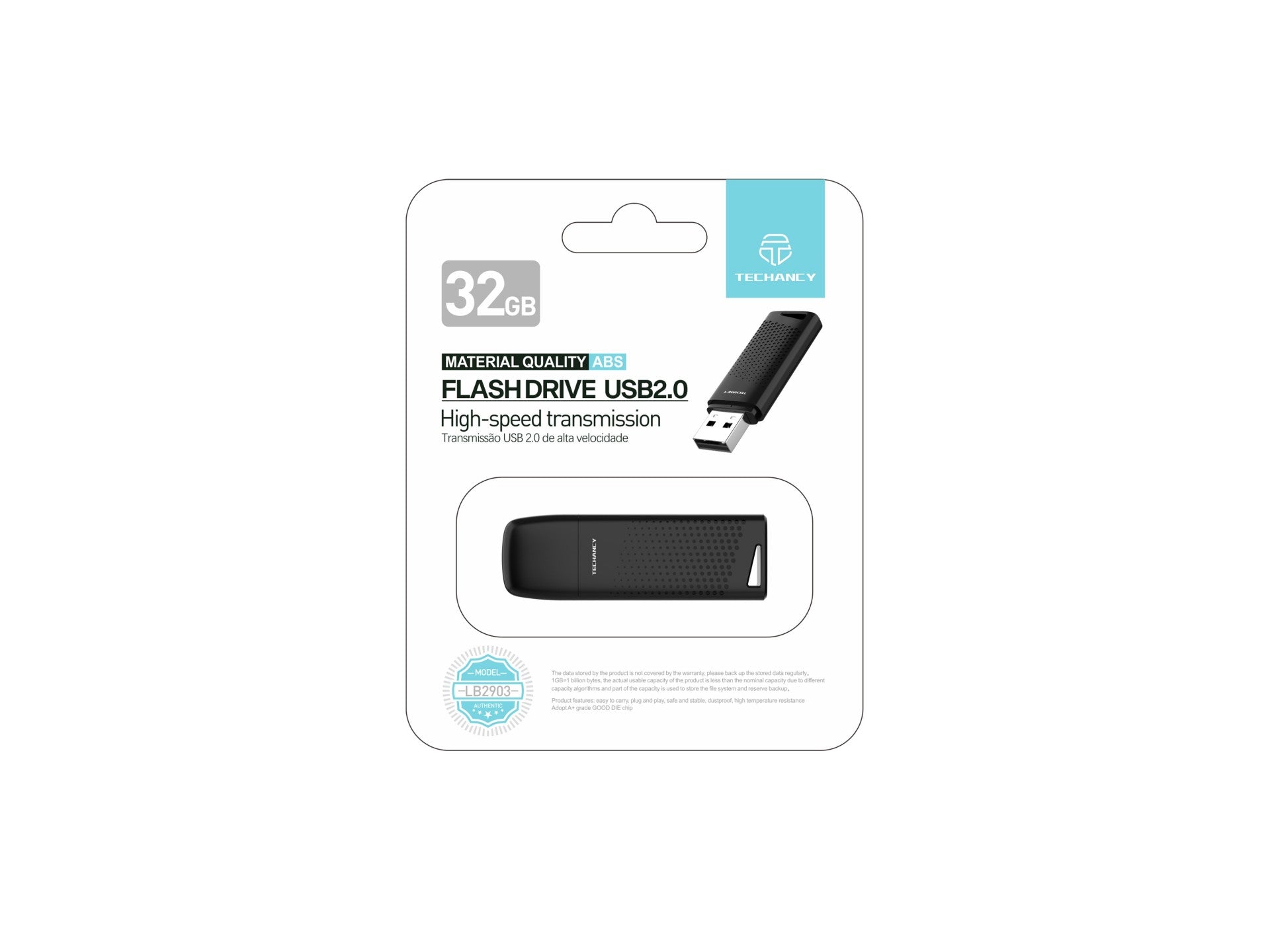 Techancy USB Flash Drive 32GB Preto LB2903, Usb 2.0, Compatível com PC/Mobile/Mac, Armazenamento seguro de ficheiros