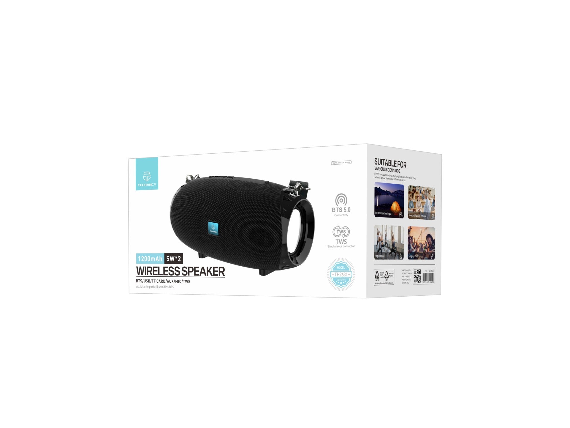 Techancy TH2631 Black Wireless Speaker, with Built-in 5W Battery*2 Speakers, Supports TWS/TF/AUX Inputs