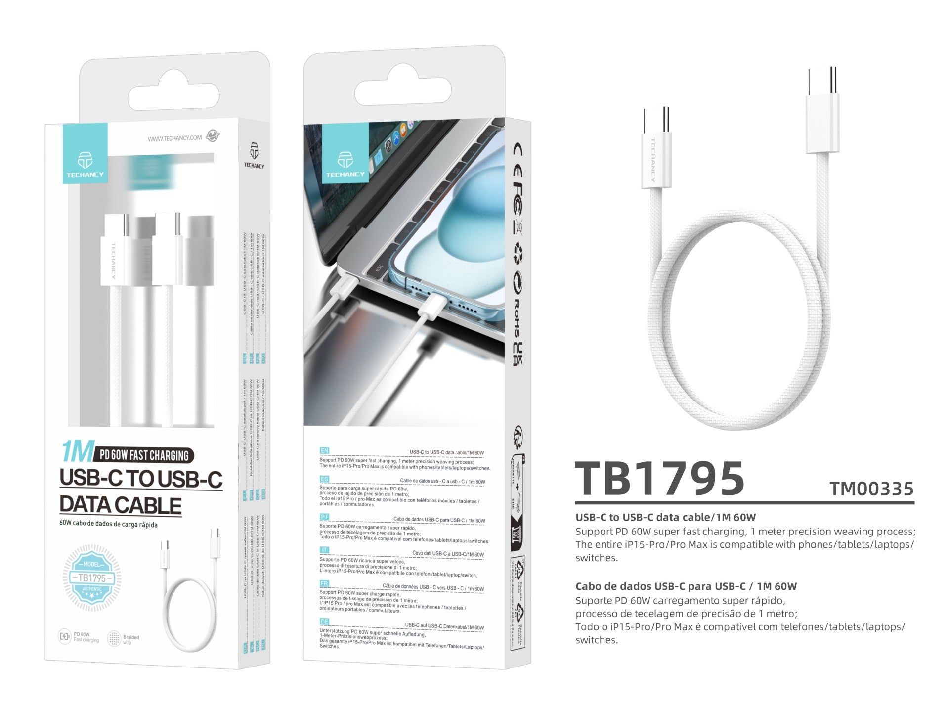 Cable de datos de carga rápida Techancy USB-C a USB-C de 60 W TB1795, 1 m de longitud, trenzado