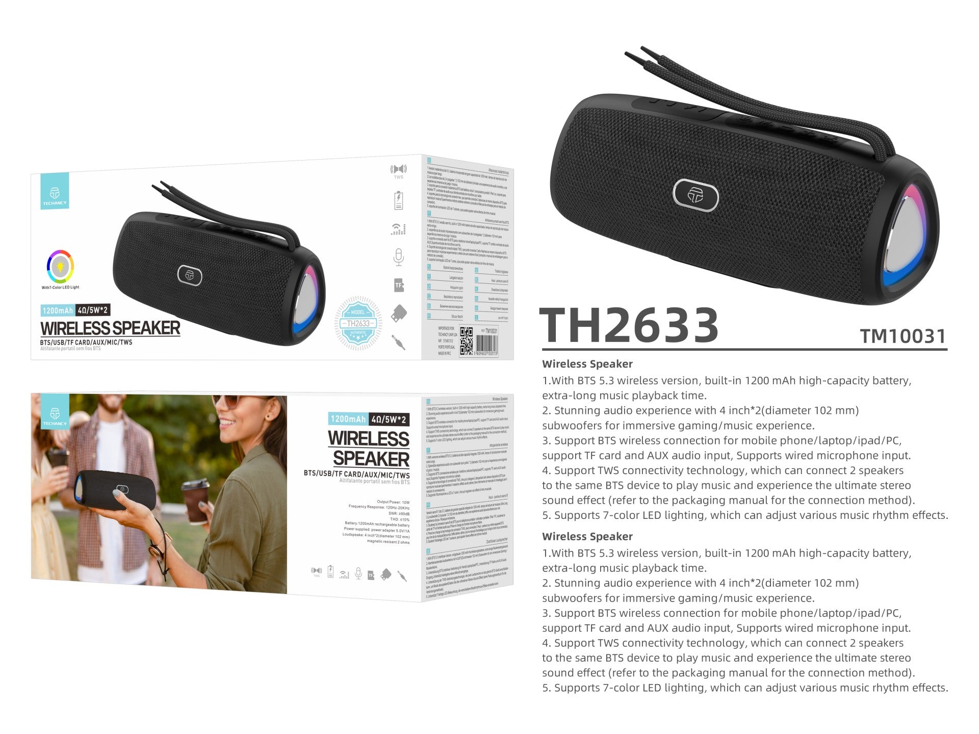 Altavoz Bluetooth inalámbrico Techancy versión 5.3TH2633, compatible con TWS/TF/AUX, luz ambiental LED RGB de 7 colores