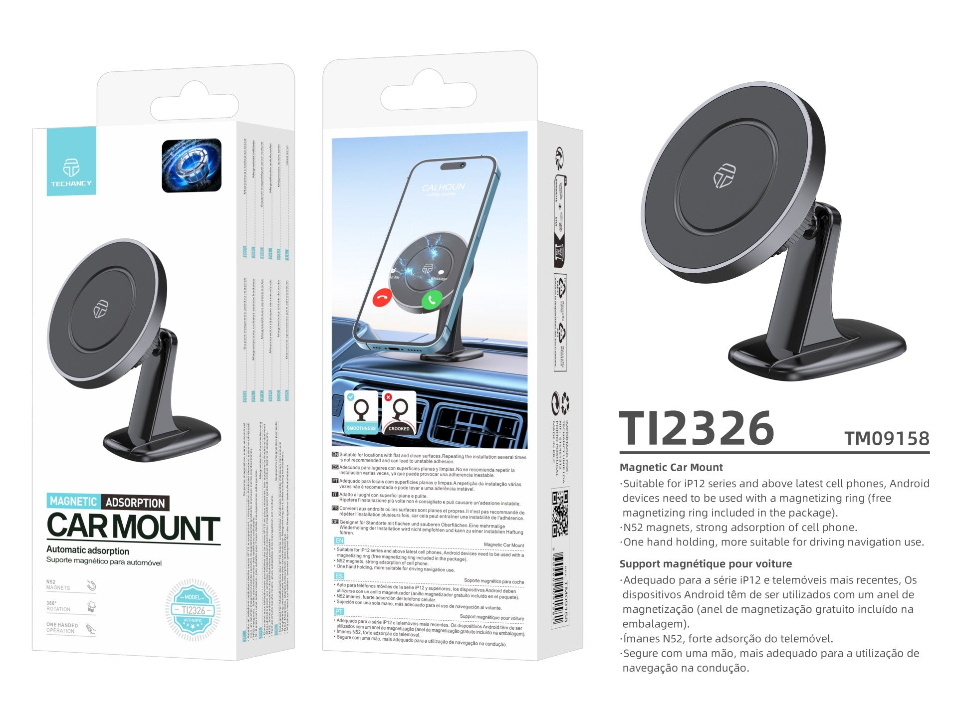 Techancy Suporte Magnético Para Telemóvel Preto Ti2326, Compatível Com Magsafe, Rotação De 360°, Fixação Magnética Forte