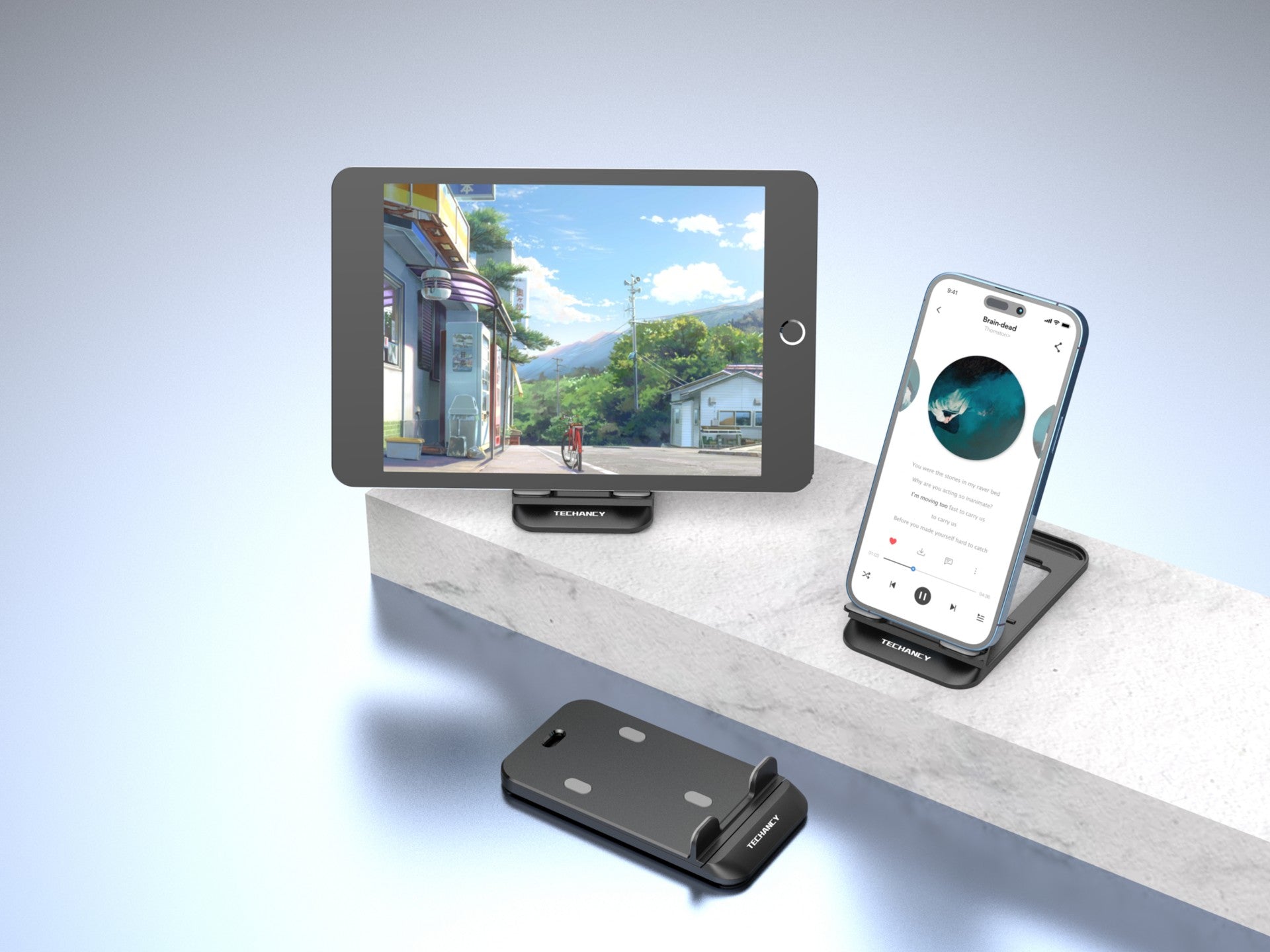 Soporte para teléfono de escritorio Techancy Ti2297, color negro, diseño plegable para dispositivos móviles, tabletas y celulares.