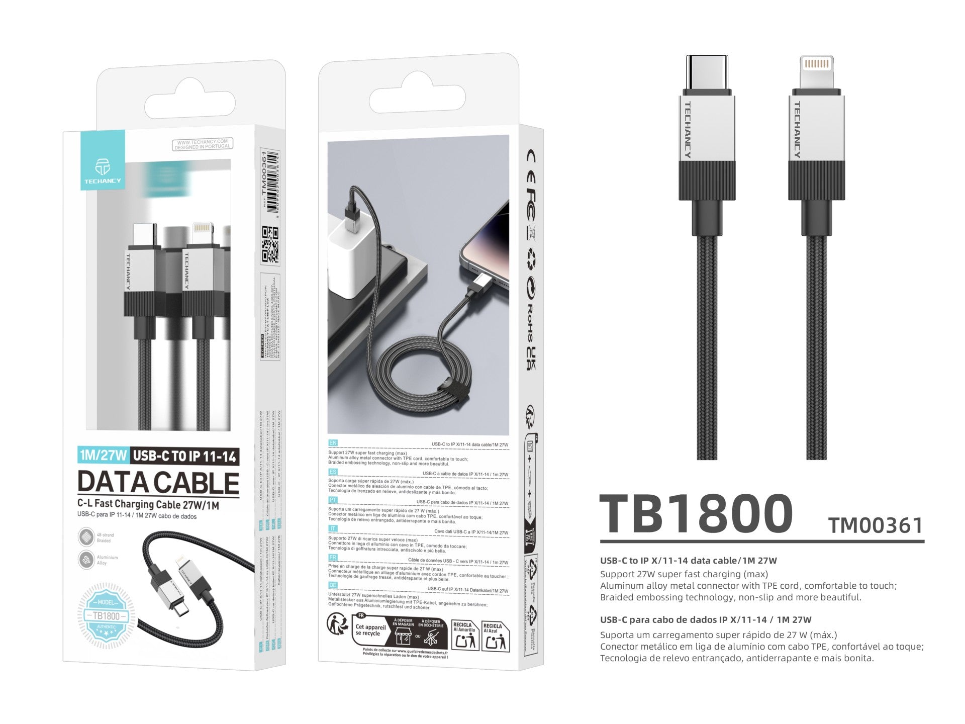 Techancy Cabo de Dados PD TB1800, 27W, 1m Preto, USB-C para Lightning, Conector de Liga de AlumInio, CompatIvel com iPhone 11-14