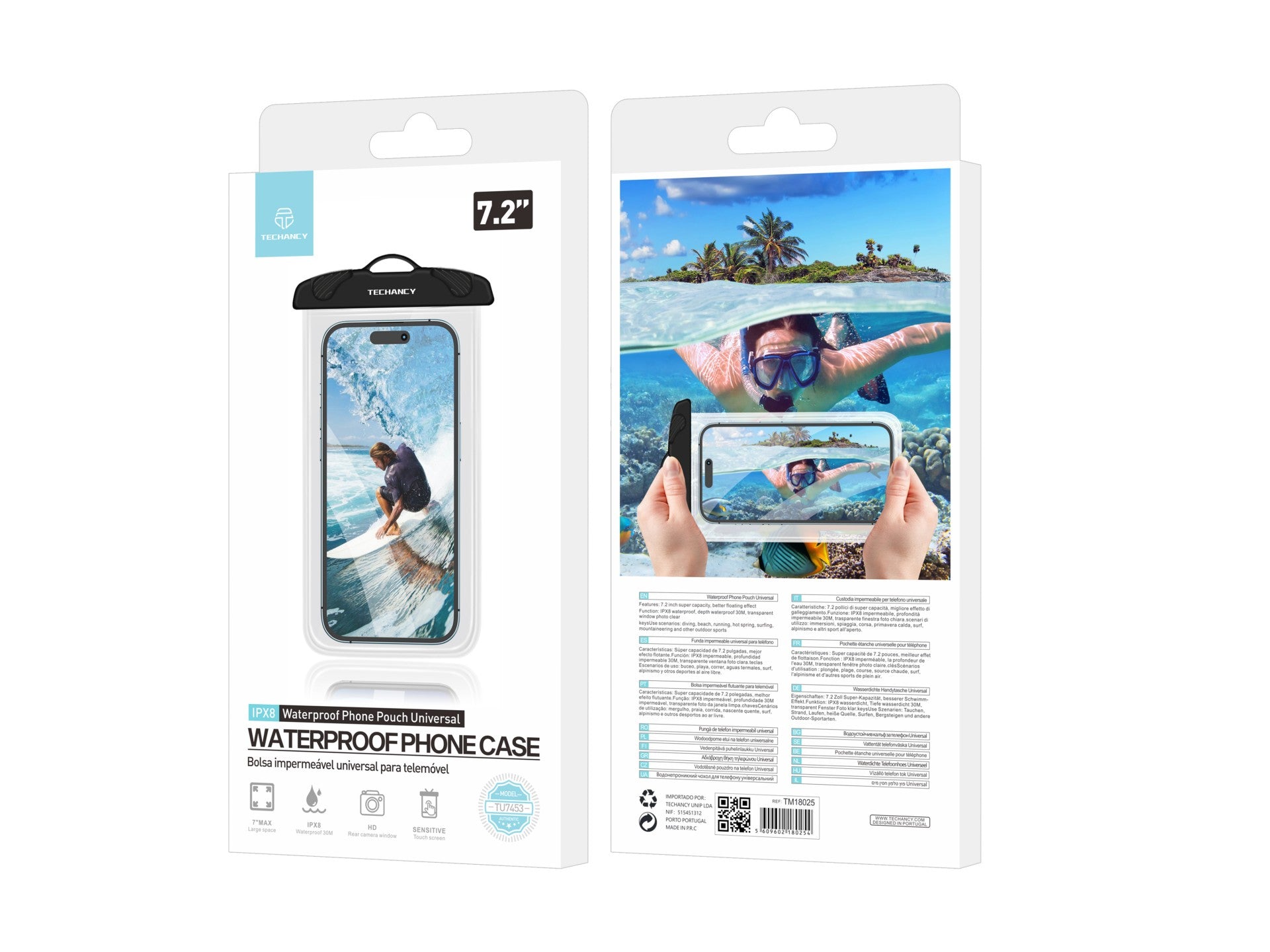 Techancy TU7453 Black Waterproof Phone Case. Extra Large 7.2 Inch Capacity, IPX8 Waterproof.