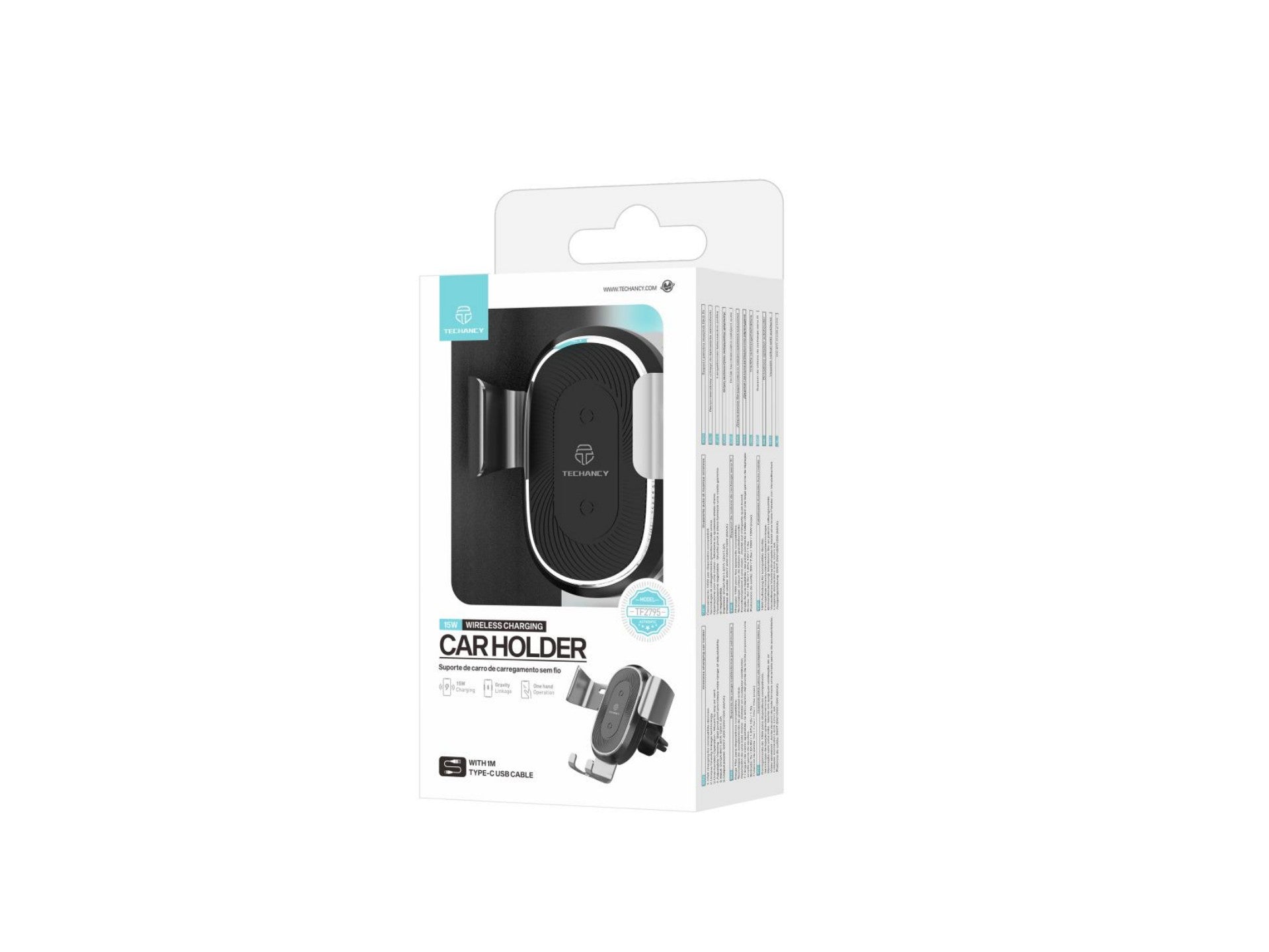 Techancy Suporte Para Telemóvel De Automóvel Com Carregamento Sem Fios TF2795, Carregamento De 15 W, Tecnologia Gravity Link