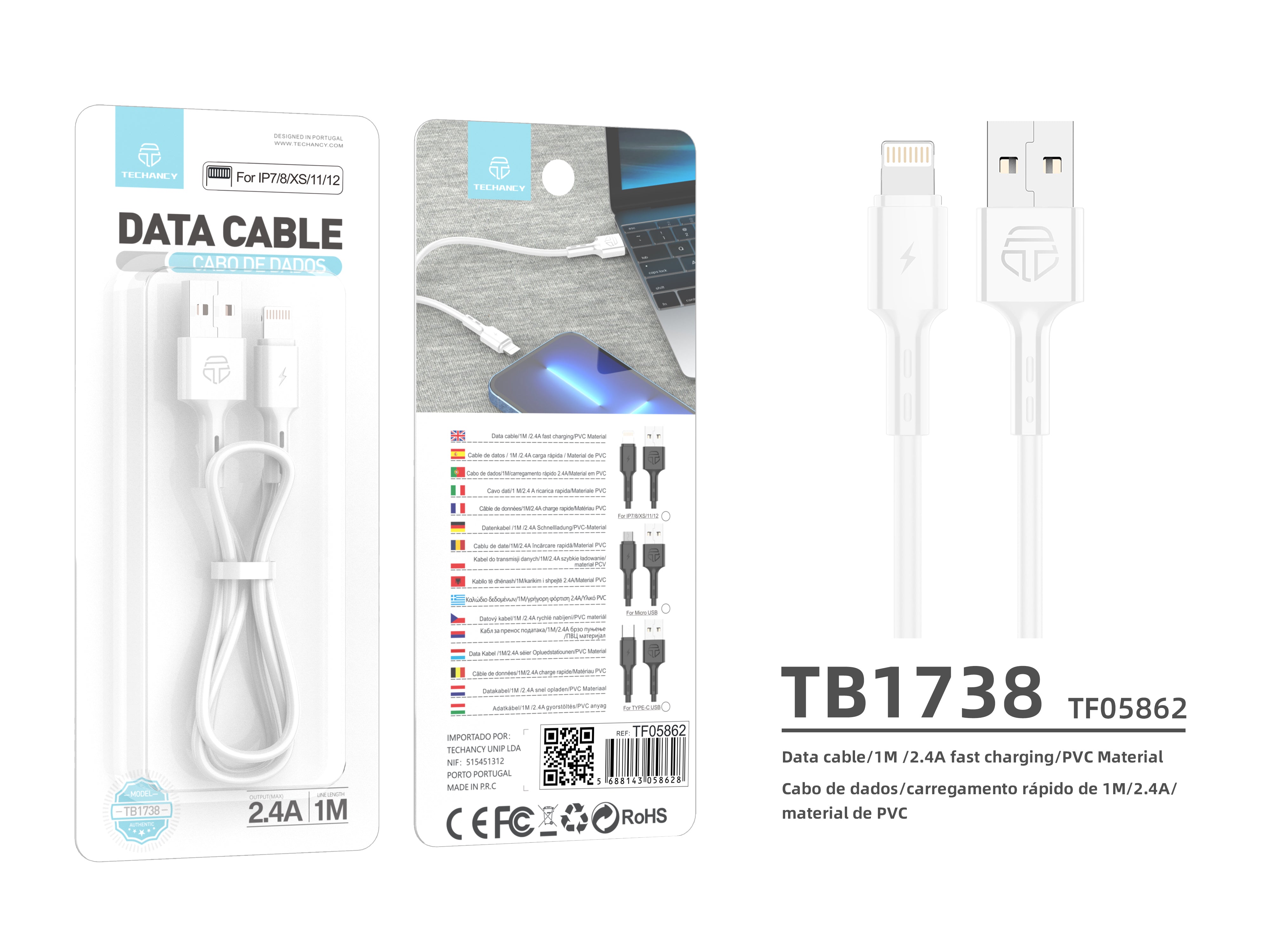Techancy USB Data Cable - IP7/8/X/11-14, TB1738 1M 2.4A Fast Charging, Data Transfer, White
